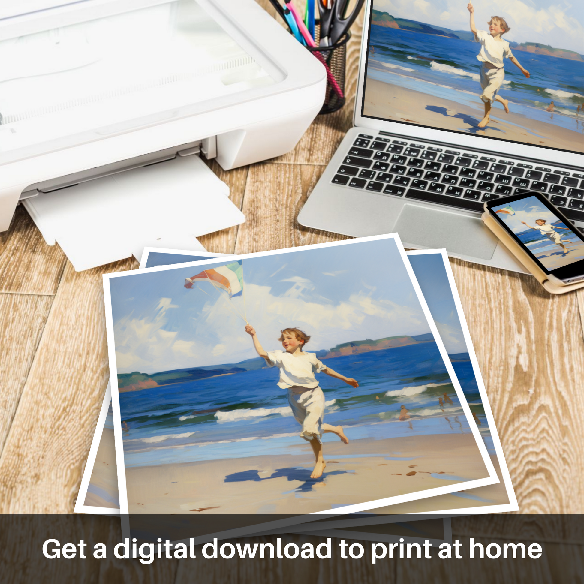 Downloadable and printable picture of A boy flying a kite at Culzean Beach