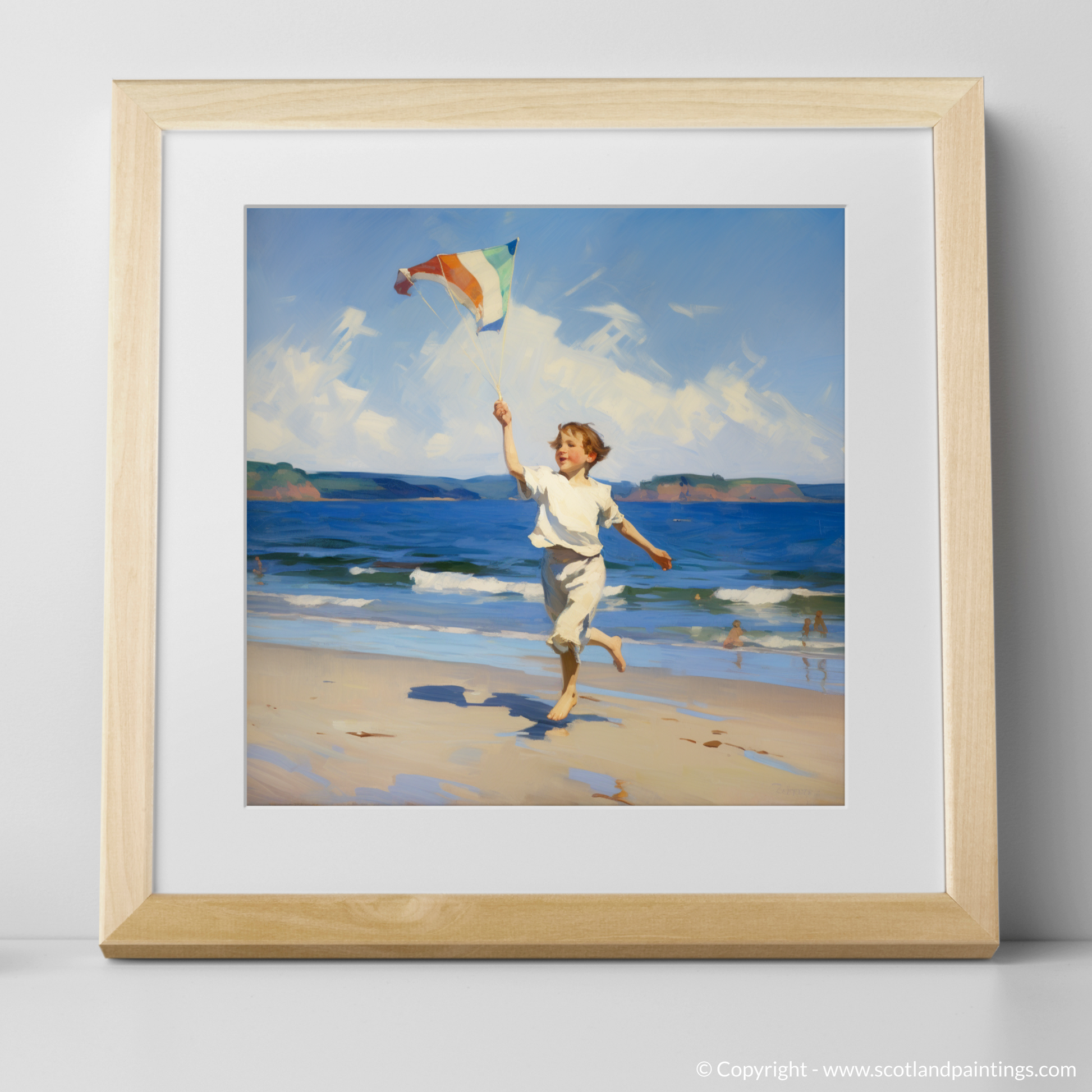 Art Print of A boy flying a kite at Culzean Beach with a natural frame