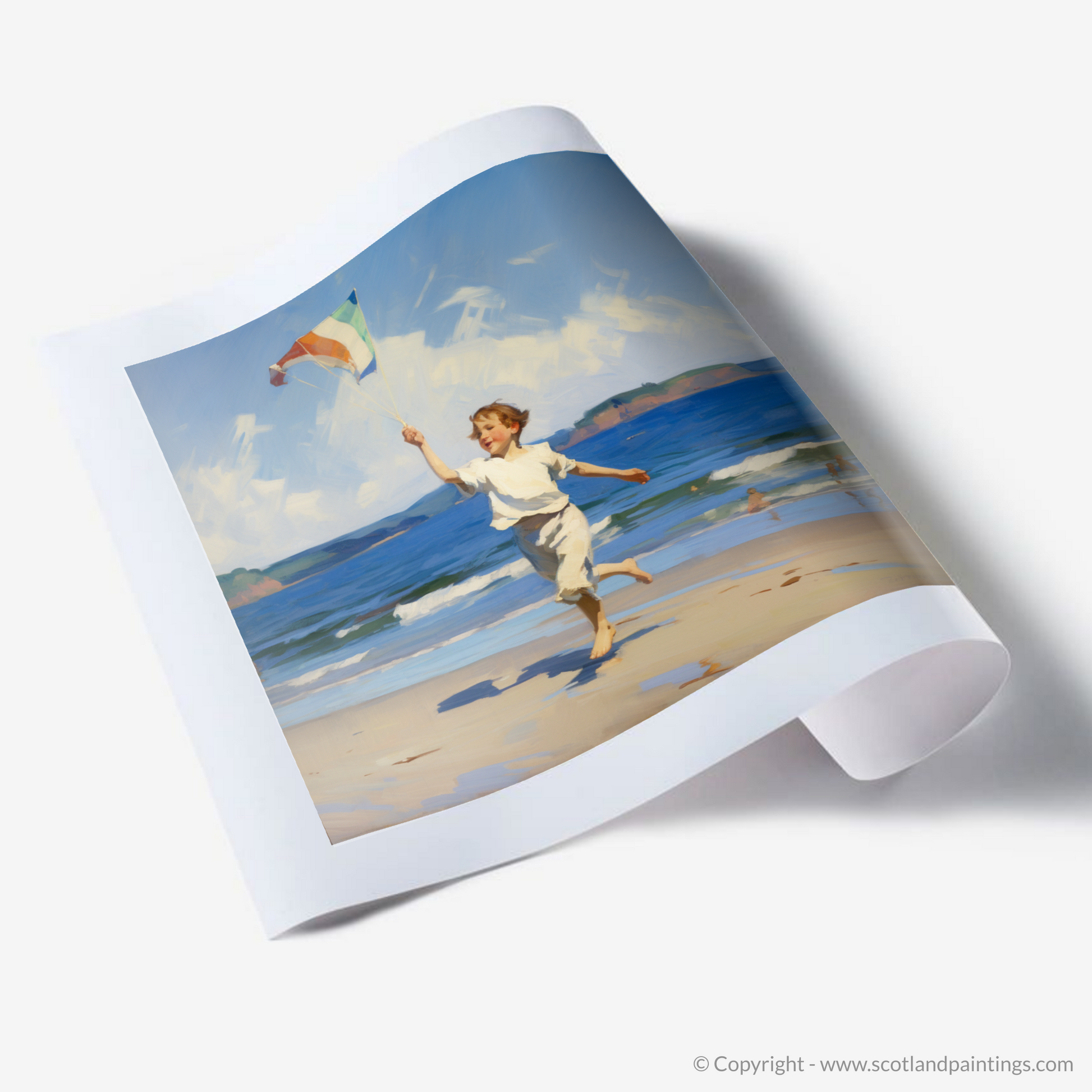 Art Print of A boy flying a kite at Culzean Beach