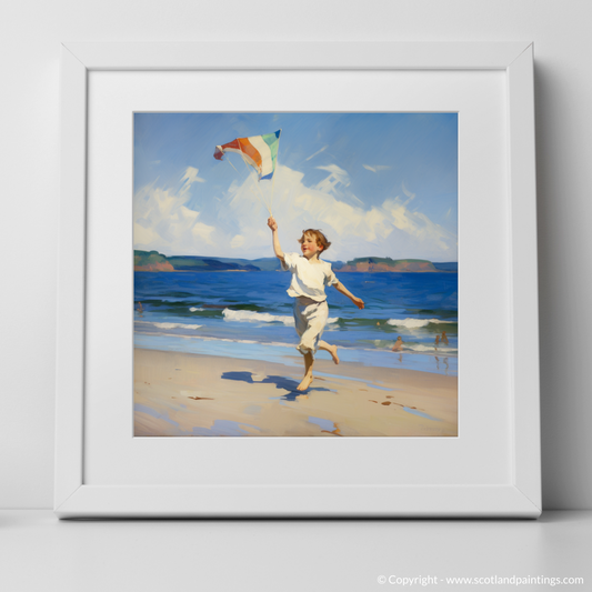 Art Print of A boy flying a kite at Culzean Beach with a white frame