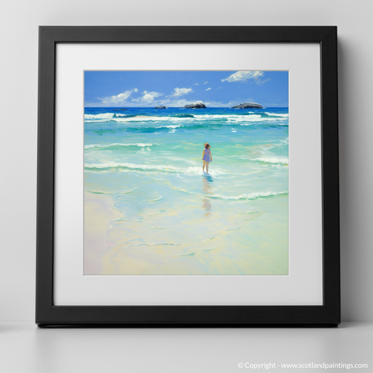Art Print of A girl paddling in the sea at Tiree Beach with a black frame