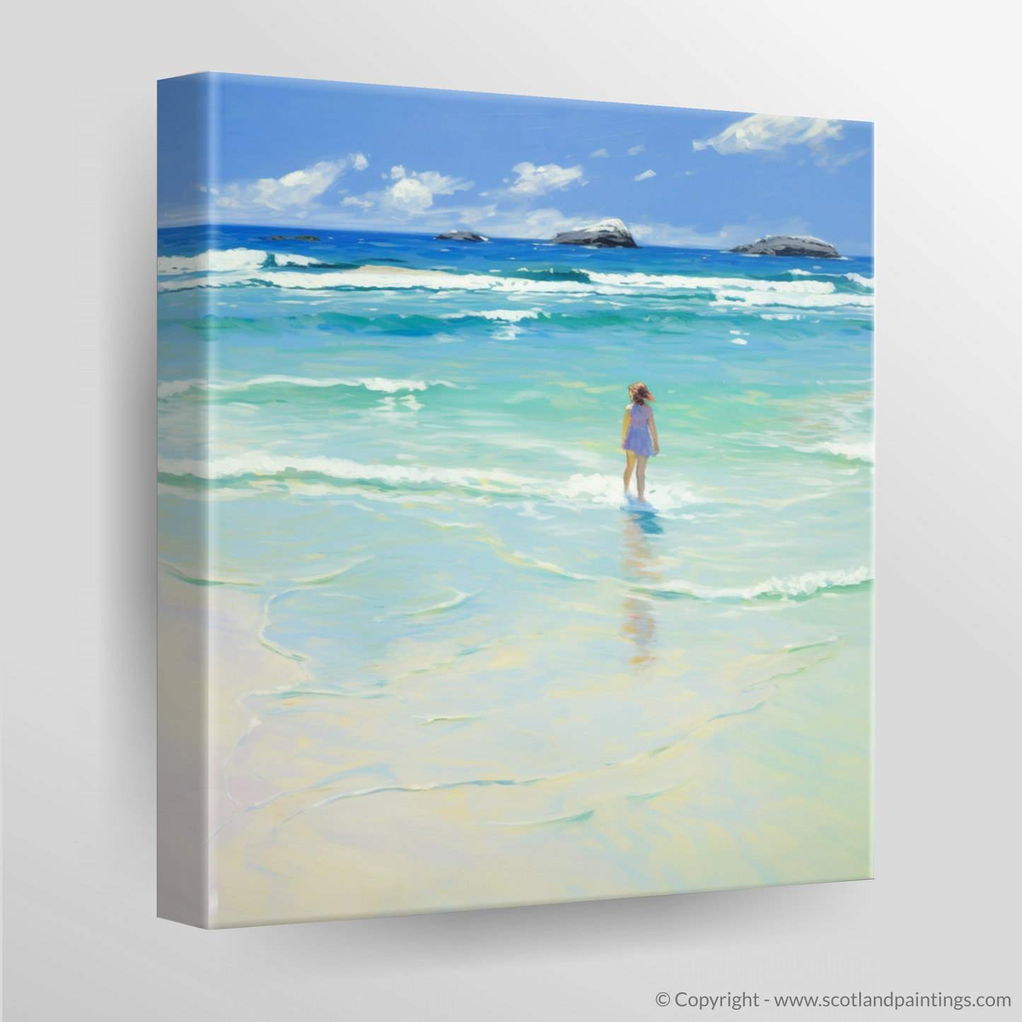 Canvas Print of A girl paddling in the sea at Tiree Beach