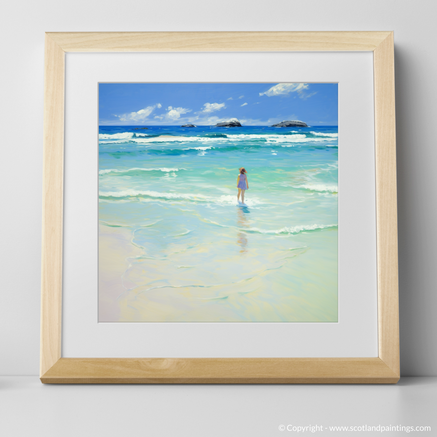 Art Print of A girl paddling in the sea at Tiree Beach with a natural frame
