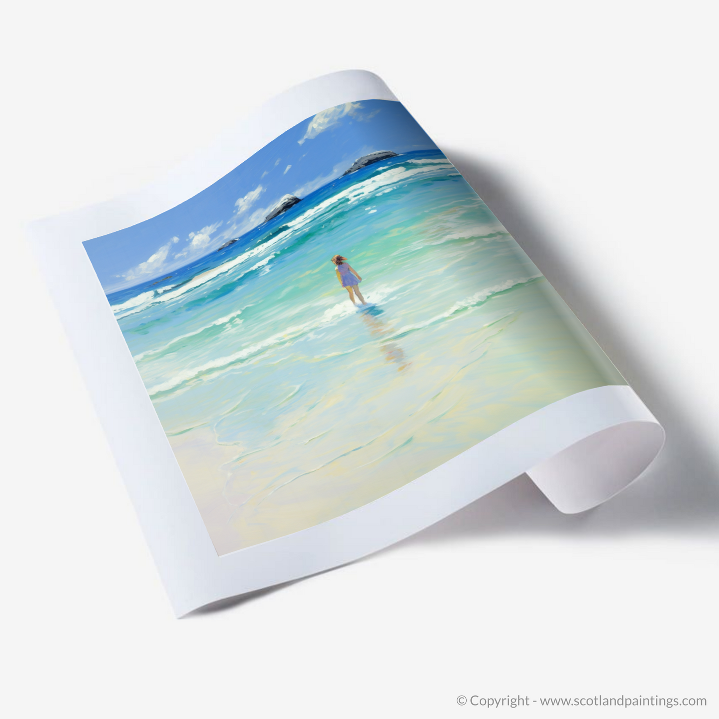 Art Print of A girl paddling in the sea at Tiree Beach