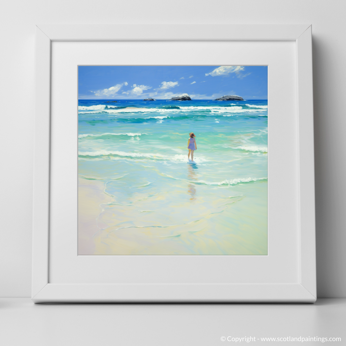 Art Print of A girl paddling in the sea at Tiree Beach with a white frame