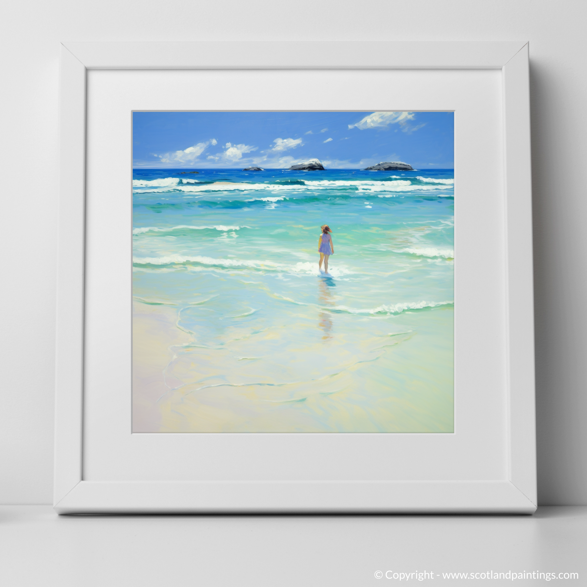 Art Print of A girl paddling in the sea at Tiree Beach with a white frame