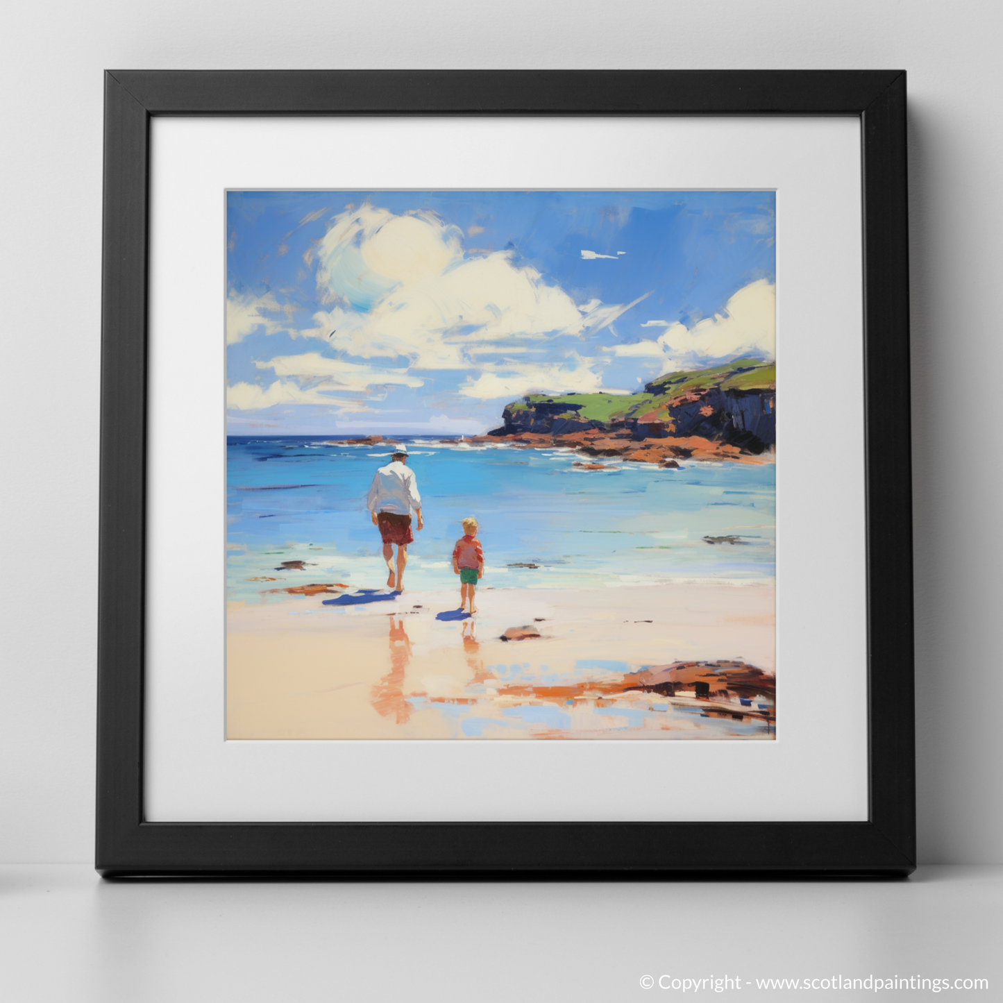 Painting and Art Print of A dad and son walking on Coldingham Bay. Coastal Embrace: Father and Son at Coldingham Bay.