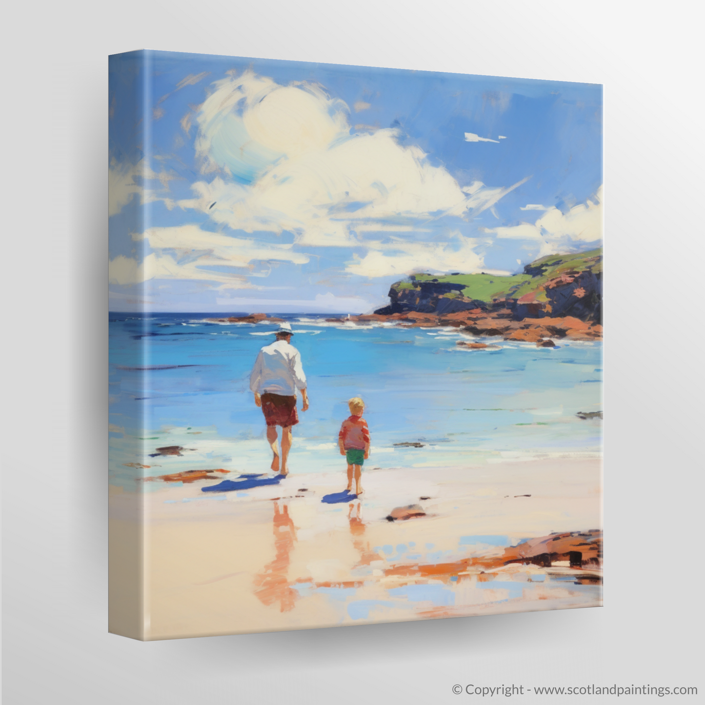 Painting and Art Print of A dad and son walking on Coldingham Bay. Coastal Embrace: Father and Son at Coldingham Bay.