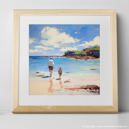 Painting and Art Print of A dad and son walking on Coldingham Bay. Coastal Embrace: Father and Son at Coldingham Bay.