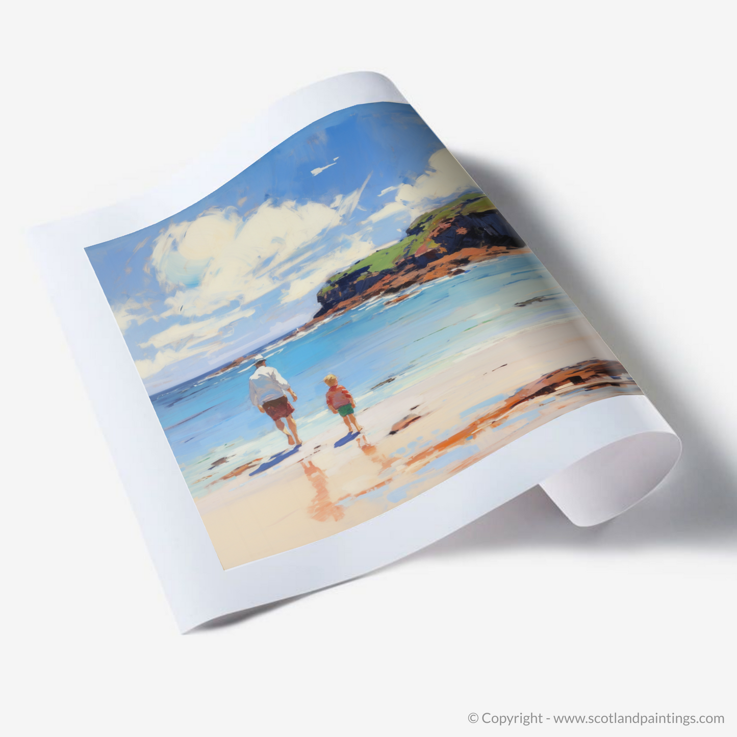 Painting and Art Print of A dad and son walking on Coldingham Bay. Coastal Embrace: Father and Son at Coldingham Bay.