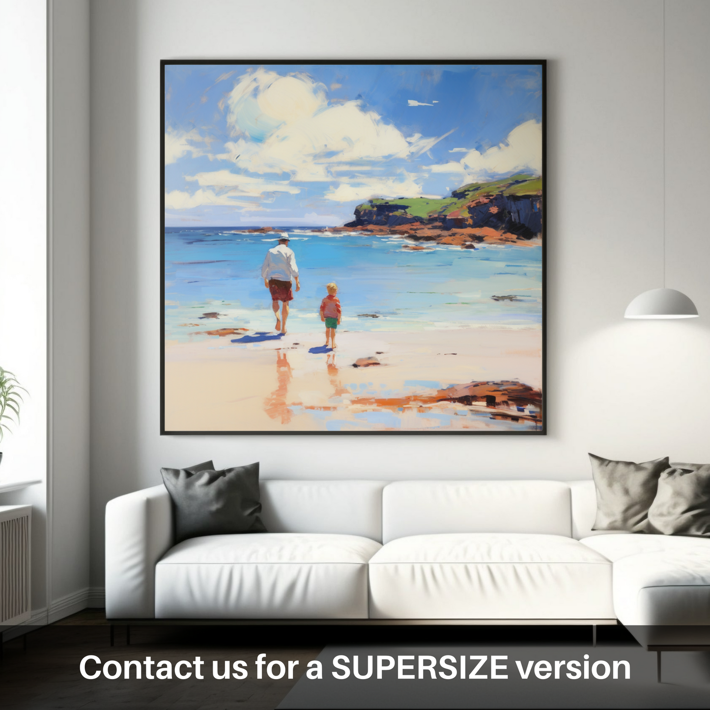 Painting and Art Print of A dad and son walking on Coldingham Bay. Coastal Embrace: Father and Son at Coldingham Bay.