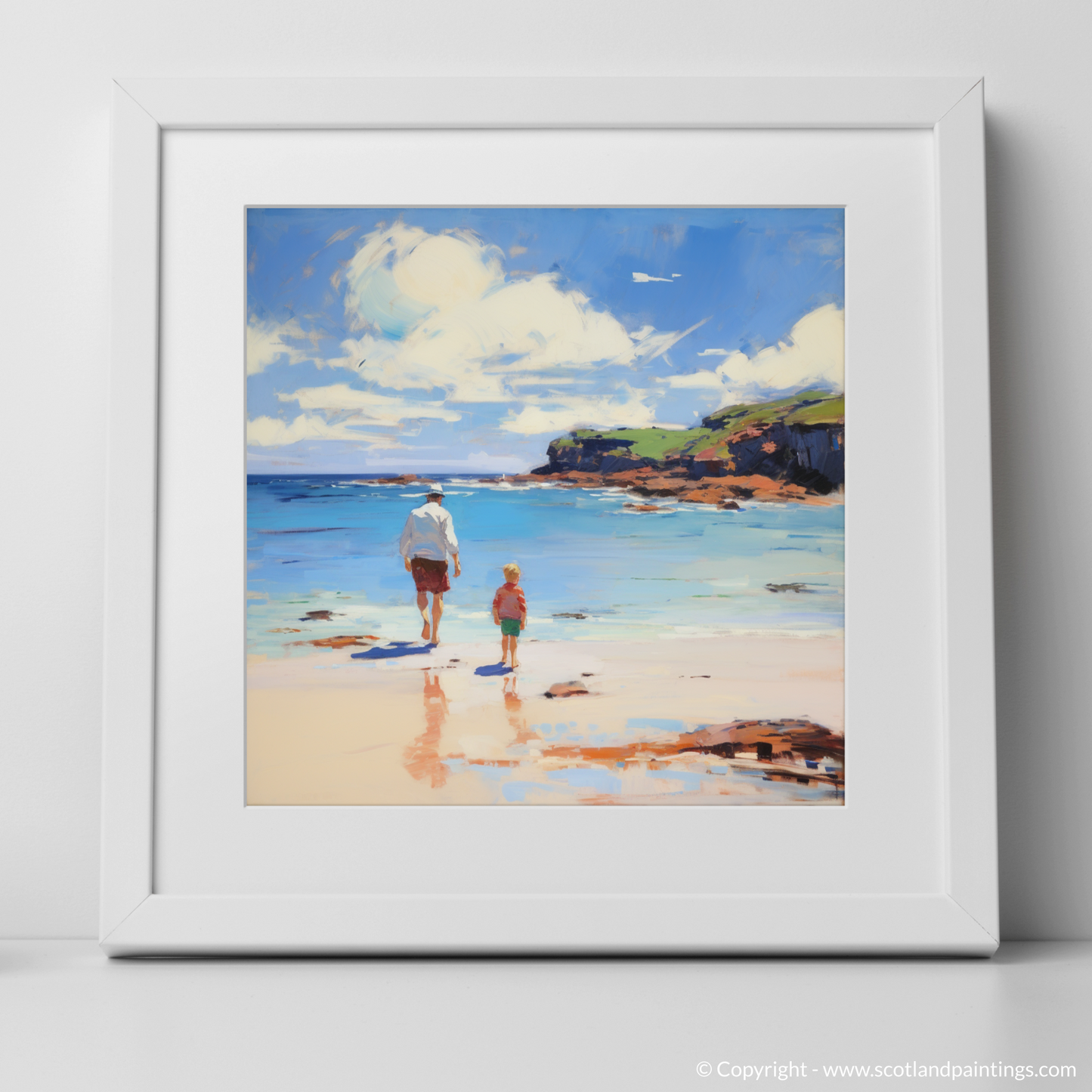 Painting and Art Print of A dad and son walking on Coldingham Bay. Coastal Embrace: Father and Son at Coldingham Bay.