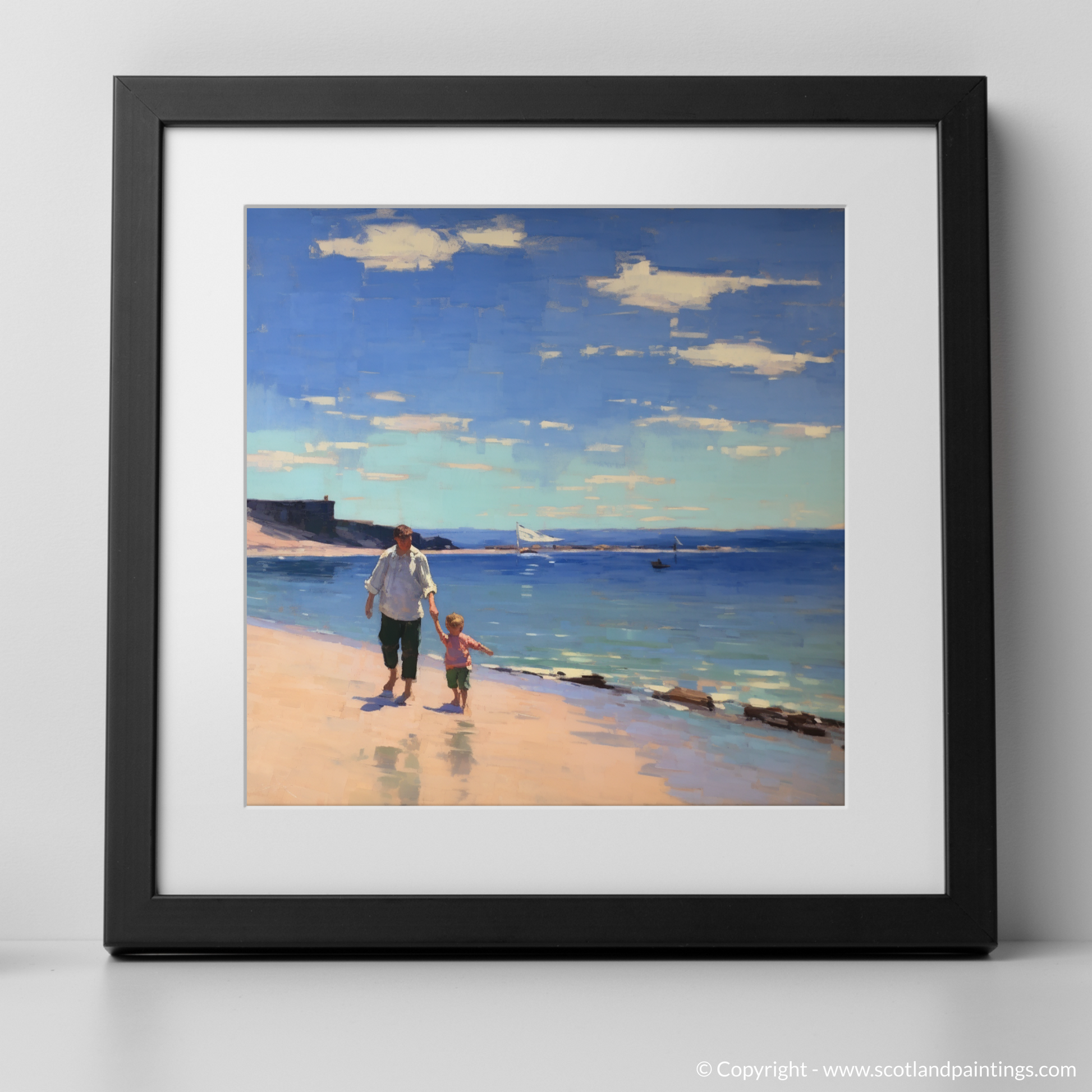 Art Print of A dad and son walking on Coldingham Bay with a black frame