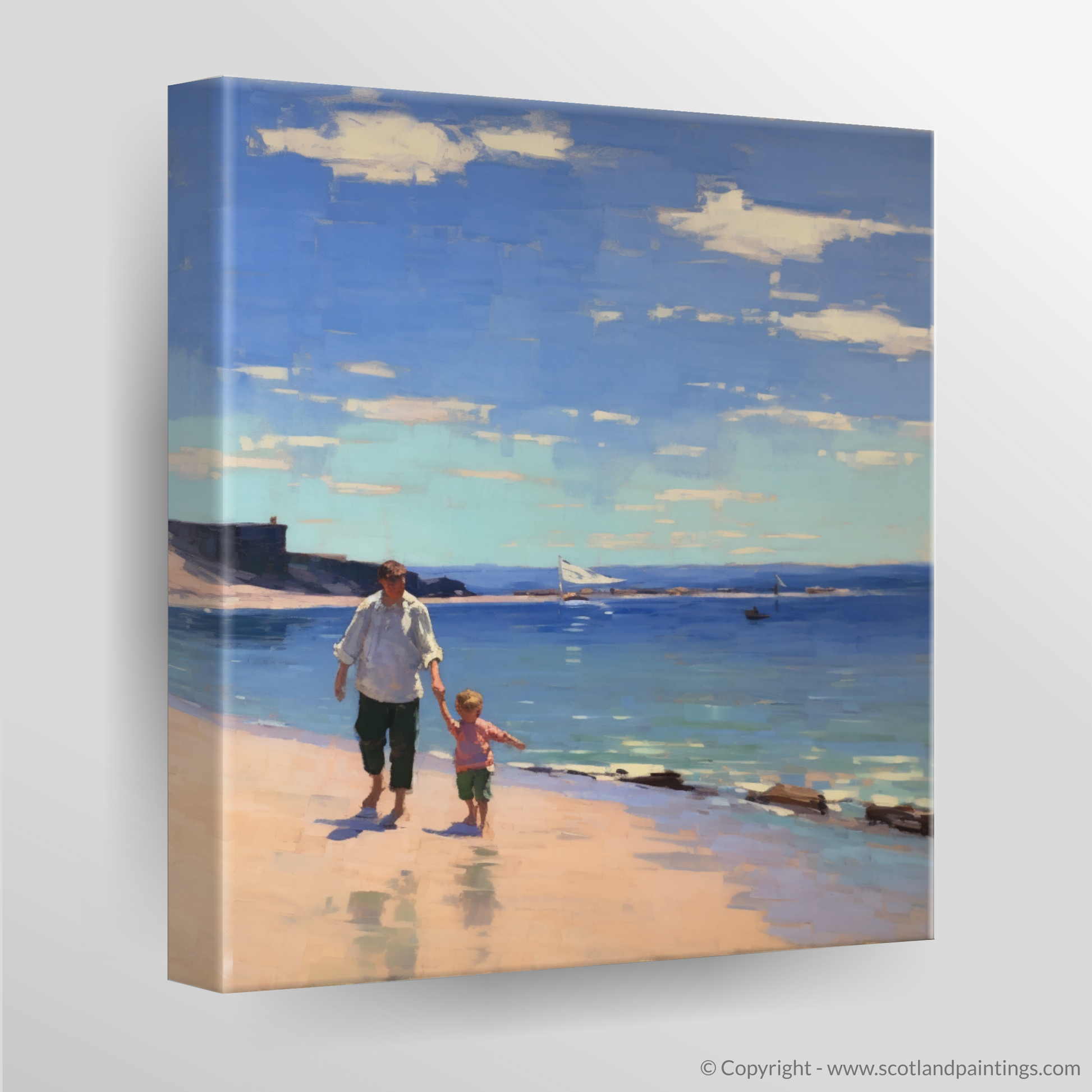 Canvas Print of A dad and son walking on Coldingham Bay