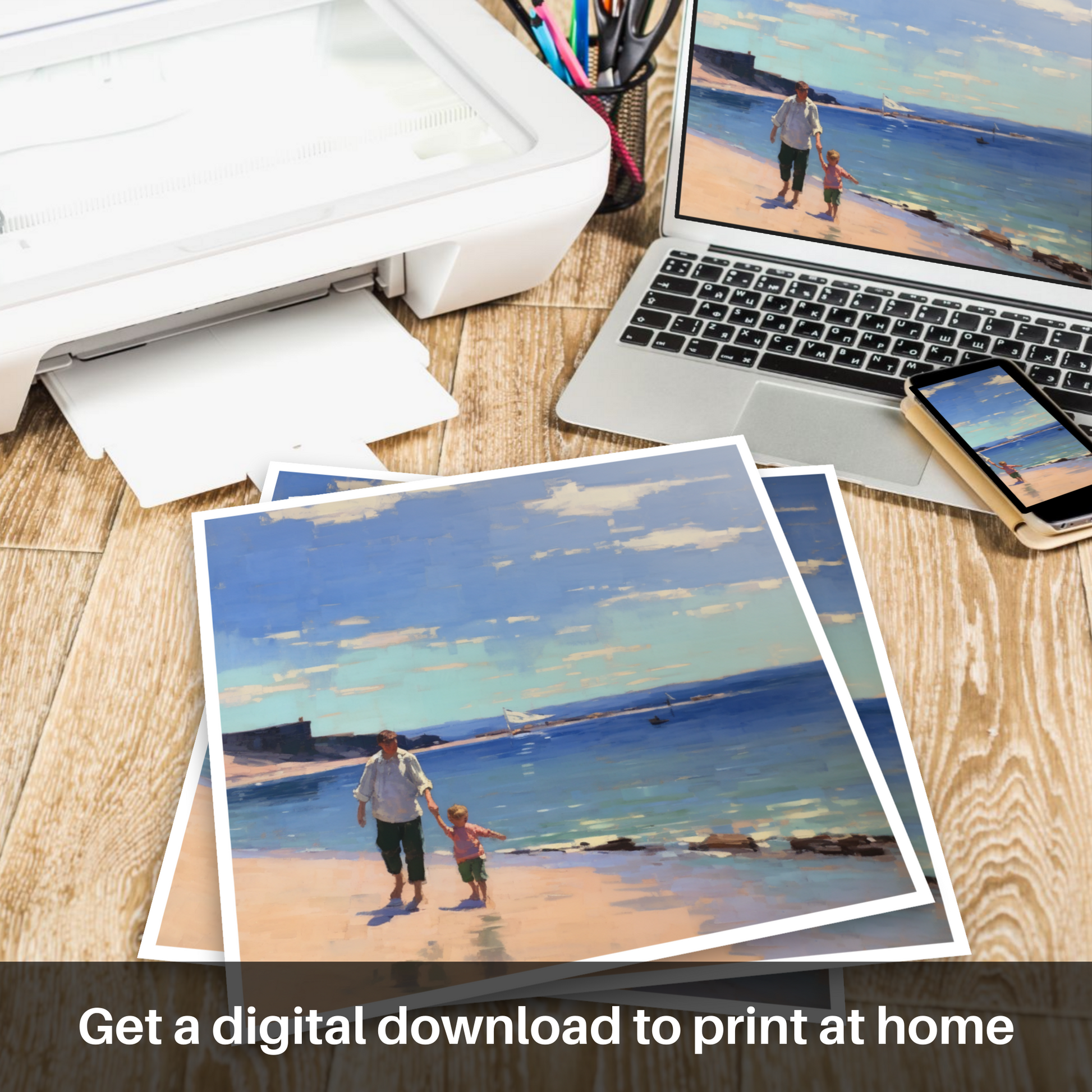 Downloadable and printable picture of A dad and son walking on Coldingham Bay