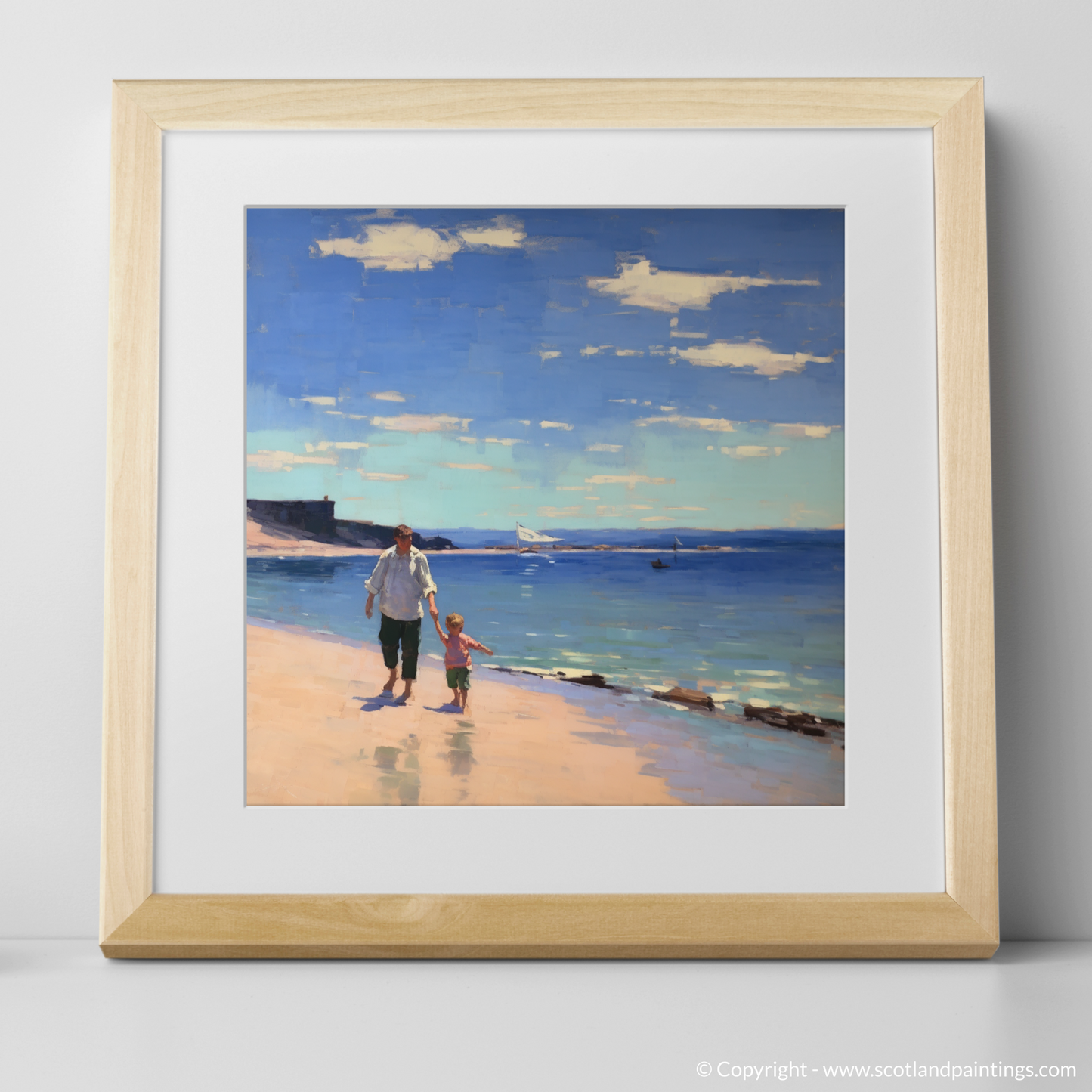 Art Print of A dad and son walking on Coldingham Bay with a natural frame