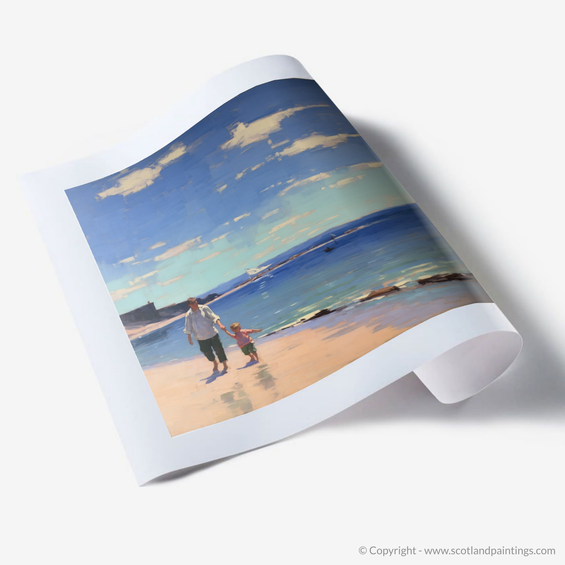 Art Print of A dad and son walking on Coldingham Bay