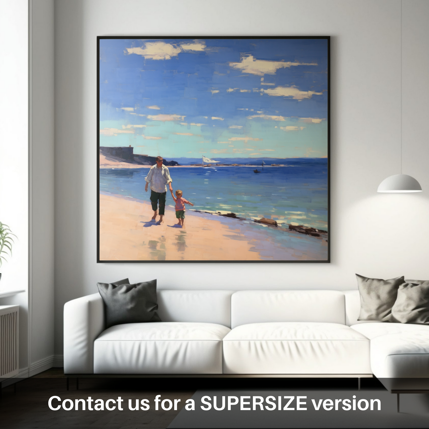 Huge supersize print of A dad and son walking on Coldingham Bay