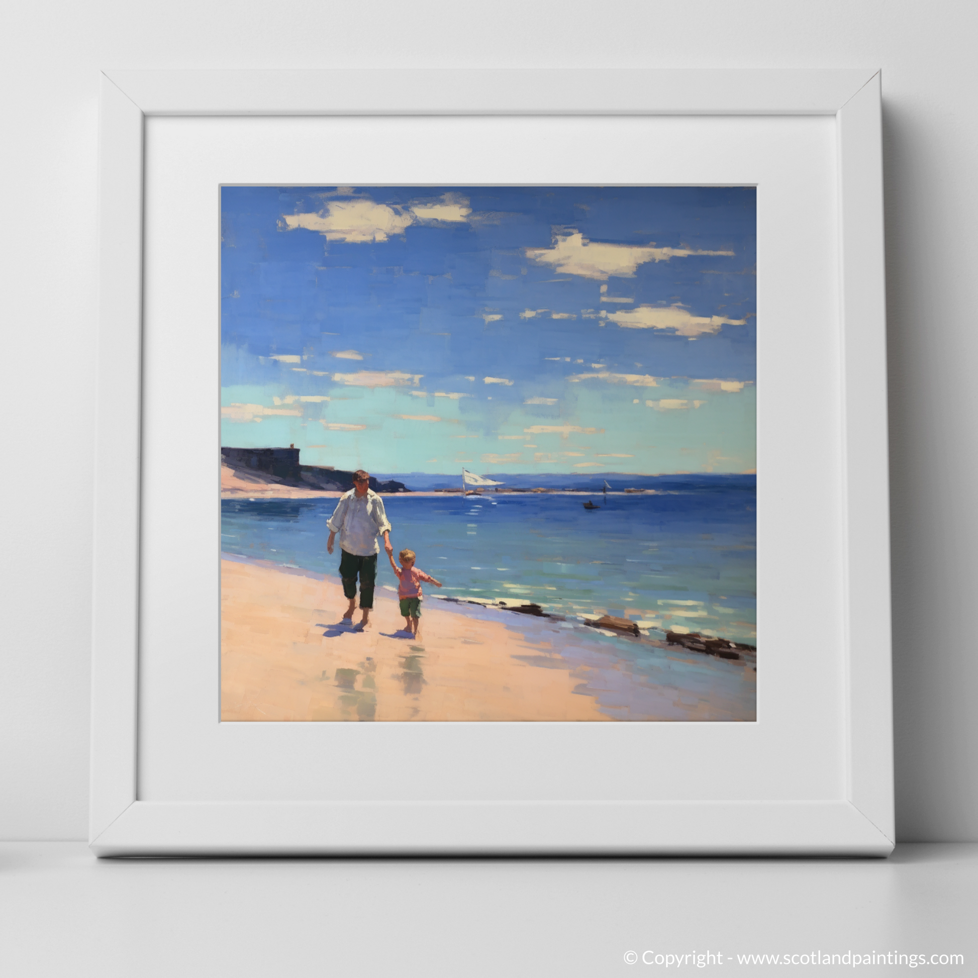 Art Print of A dad and son walking on Coldingham Bay with a white frame