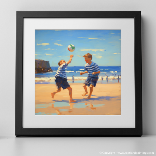 Art Print of Two boys playing beach volleyball at Burghead Beach with a black frame