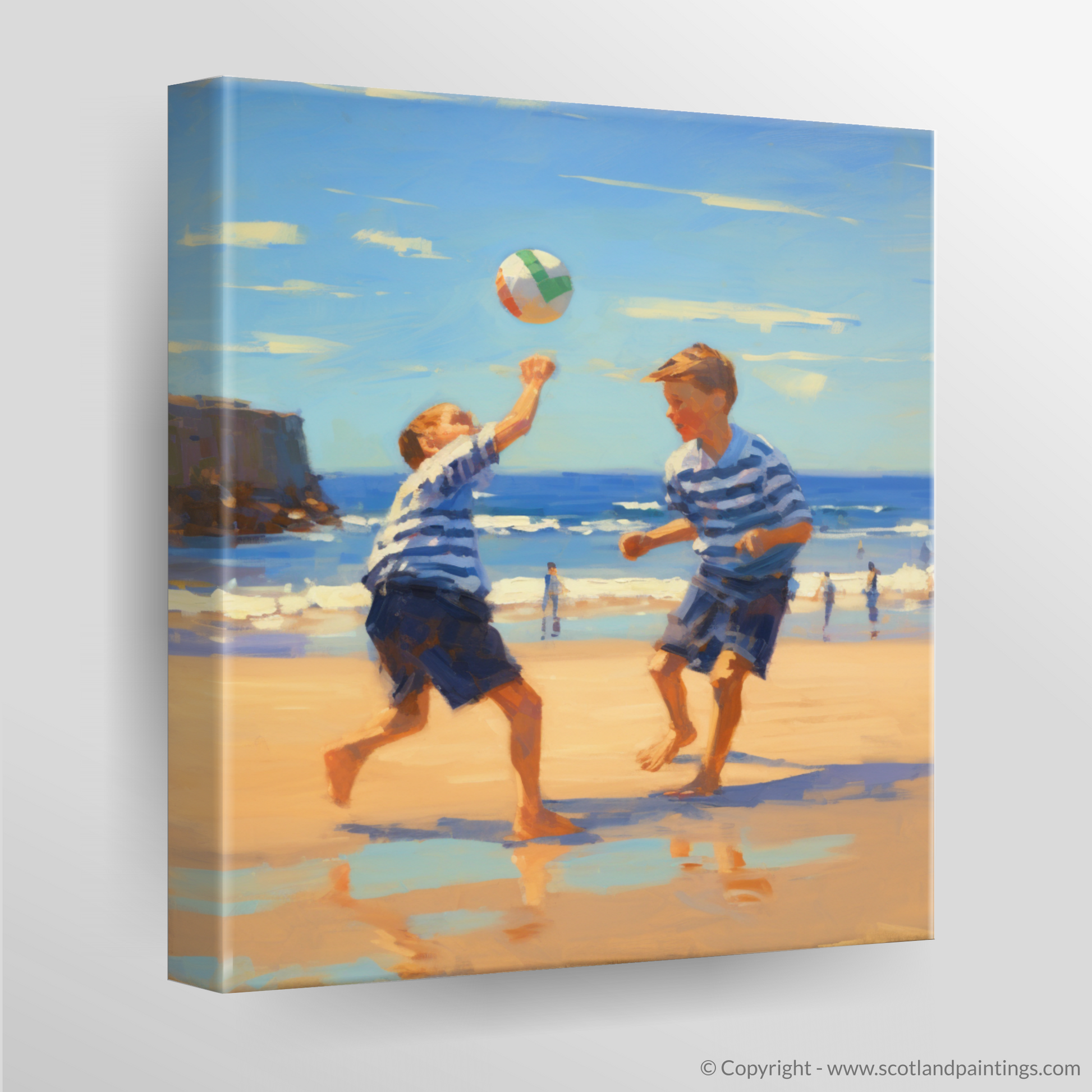 Canvas Print of Two boys playing beach volleyball at Burghead Beach