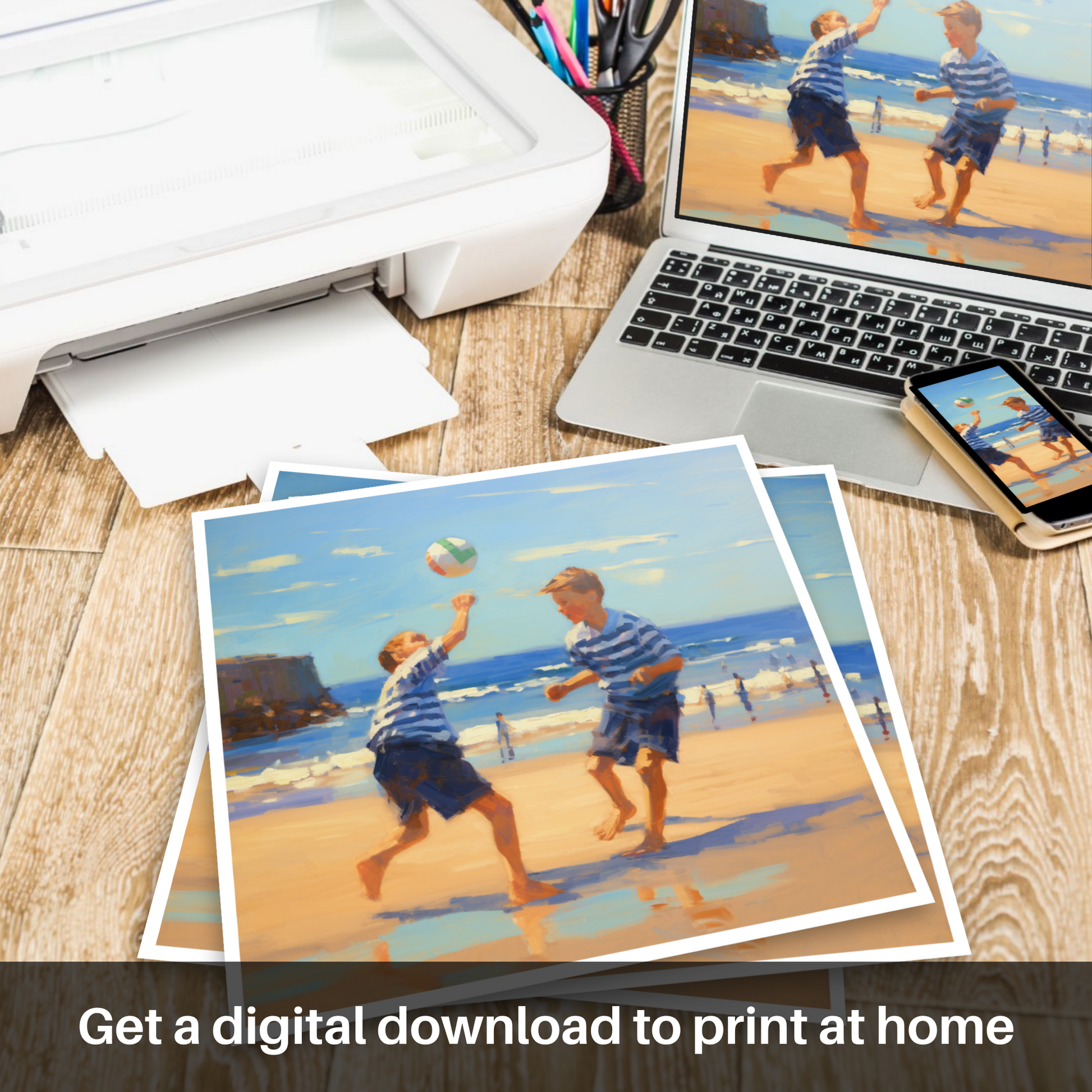 Downloadable and printable picture of Two boys playing beach volleyball at Burghead Beach