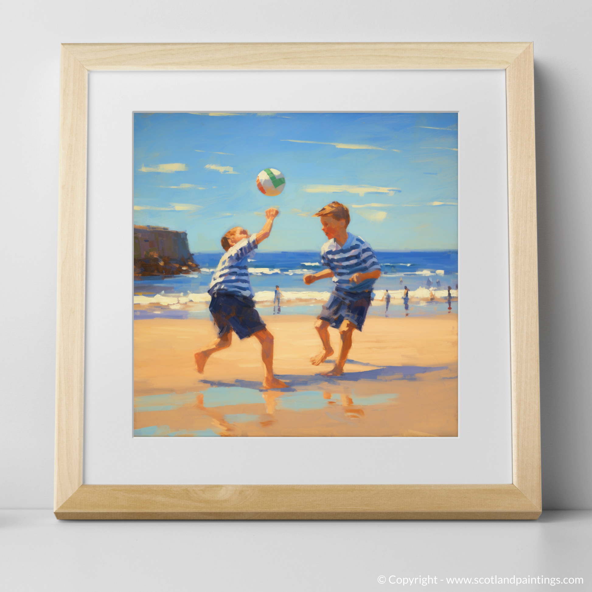 Art Print of Two boys playing beach volleyball at Burghead Beach with a natural frame