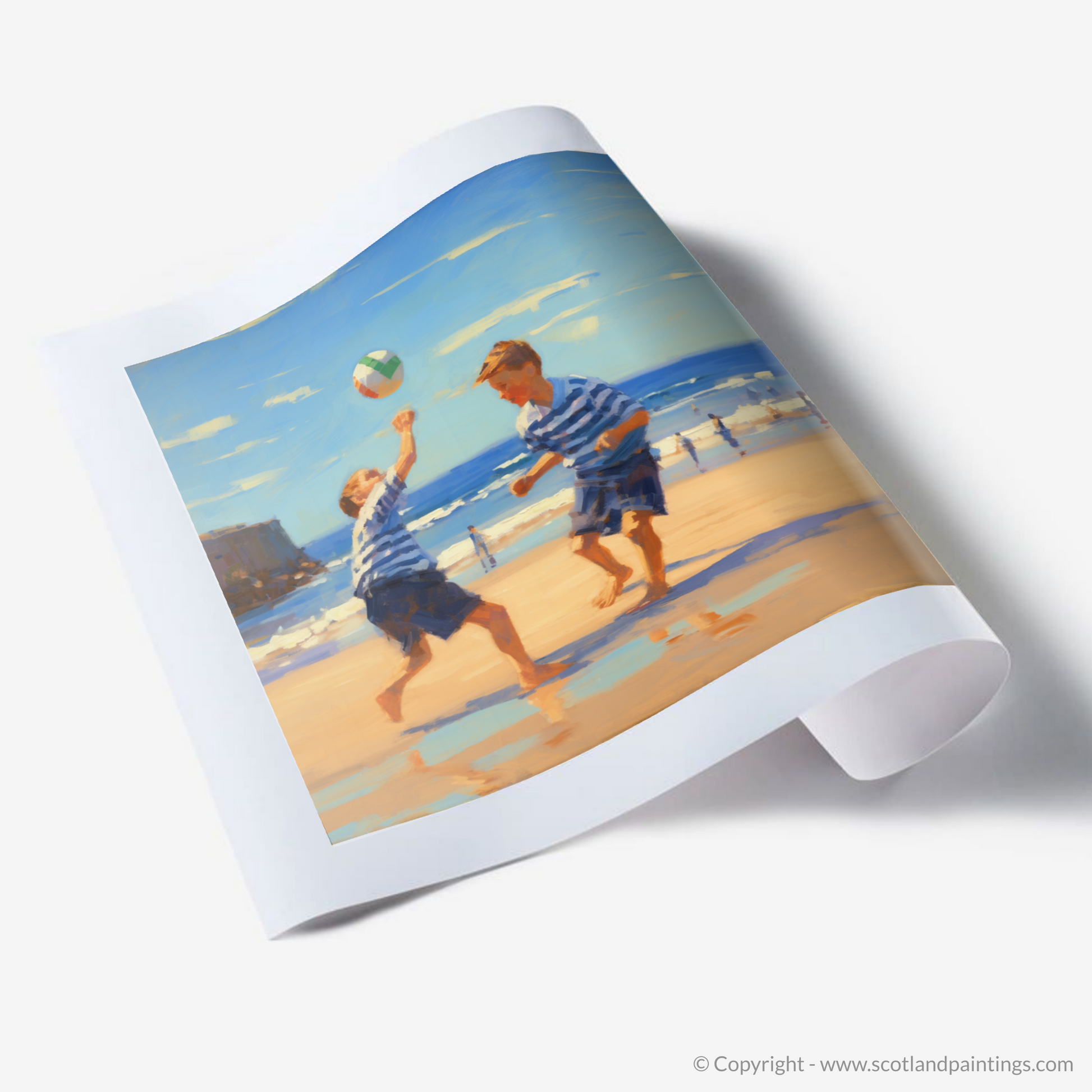 Art Print of Two boys playing beach volleyball at Burghead Beach