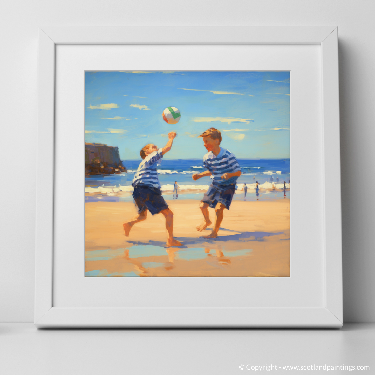 Art Print of Two boys playing beach volleyball at Burghead Beach with a white frame