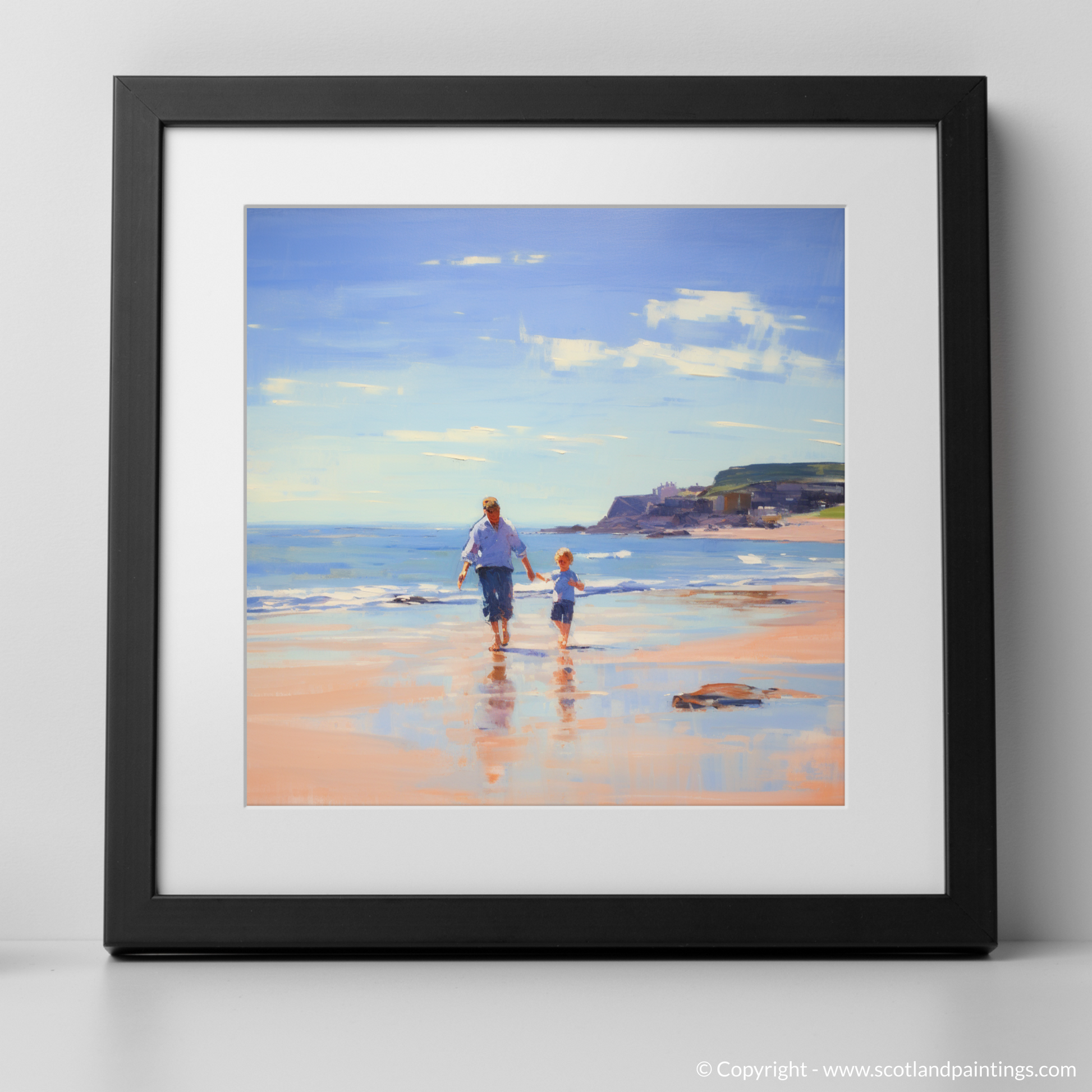 Art Print of A dad and son walking on Coldingham Bay with a black frame