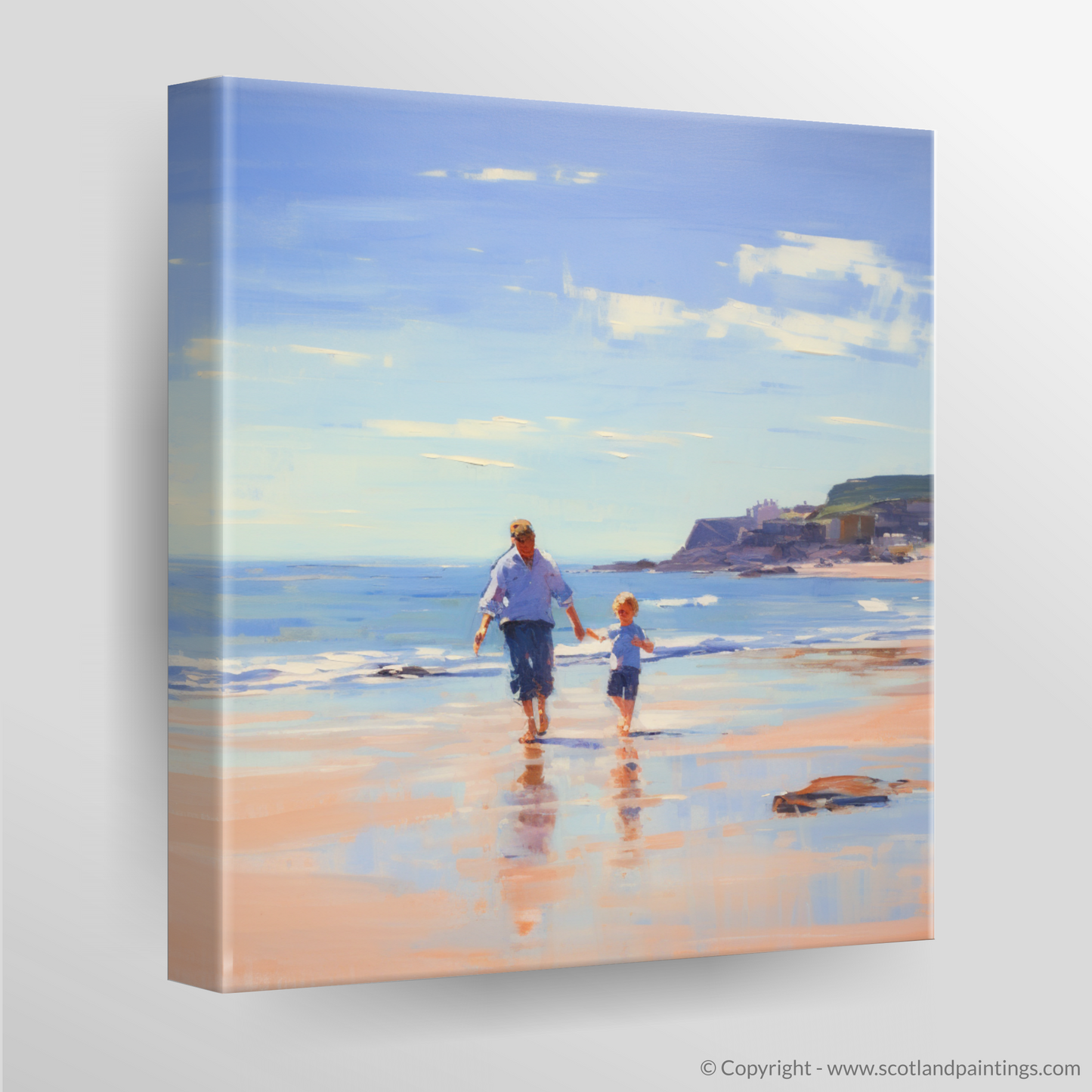 Canvas Print of A dad and son walking on Coldingham Bay