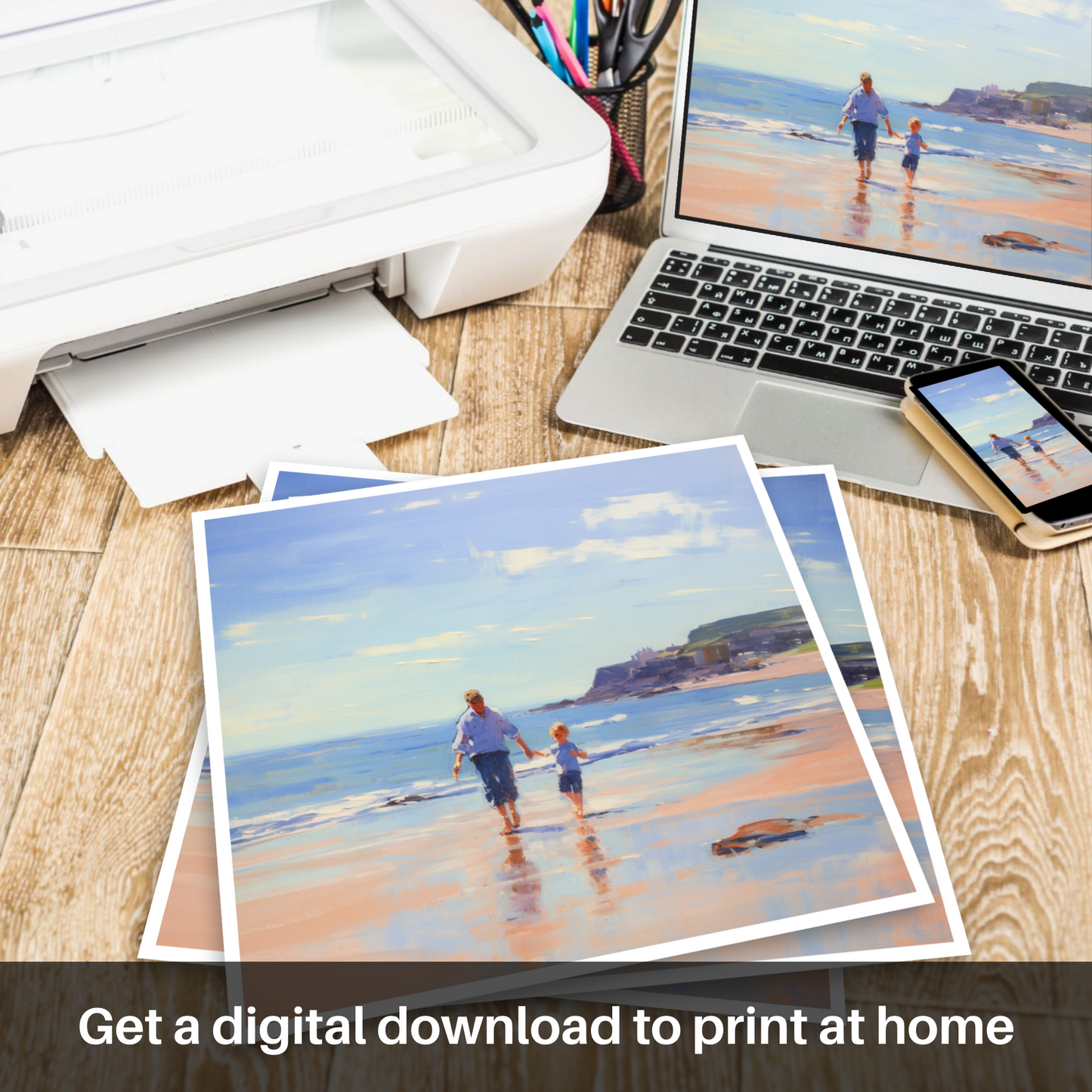 Downloadable and printable picture of A dad and son walking on Coldingham Bay