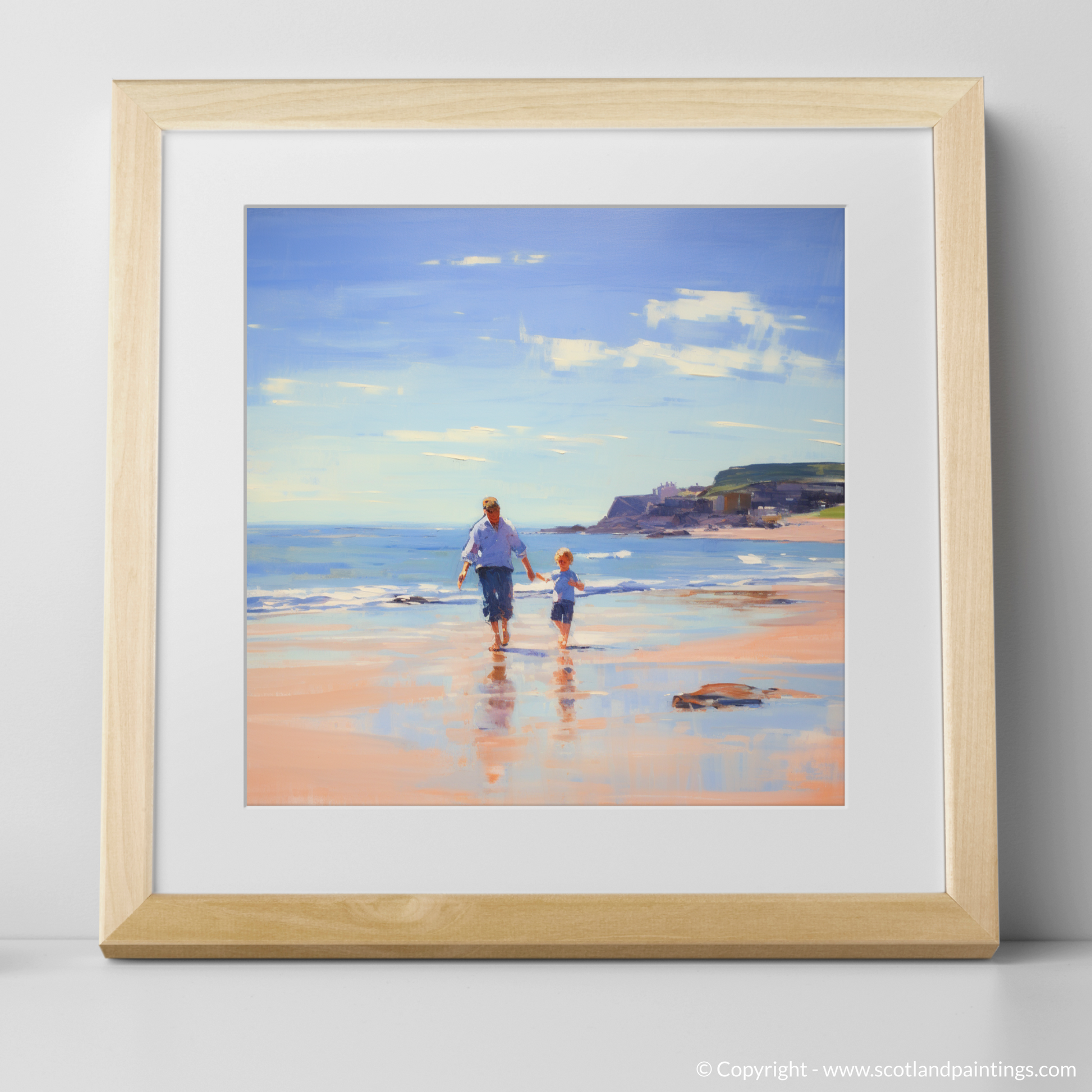 Art Print of A dad and son walking on Coldingham Bay with a natural frame