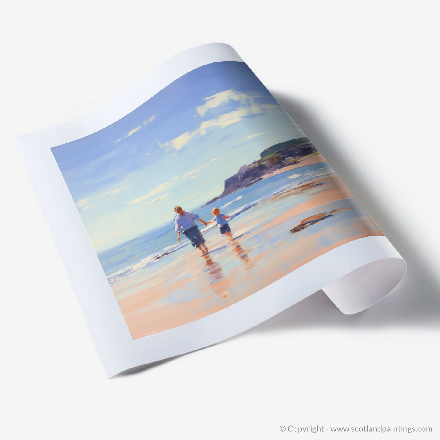 Art Print of A dad and son walking on Coldingham Bay