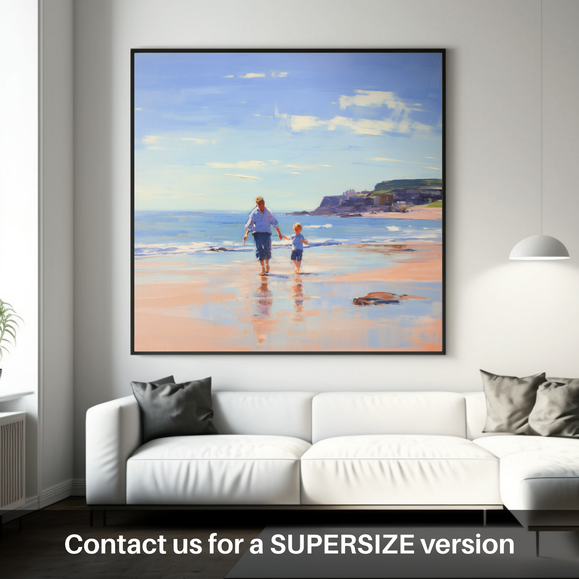 Huge supersize print of A dad and son walking on Coldingham Bay