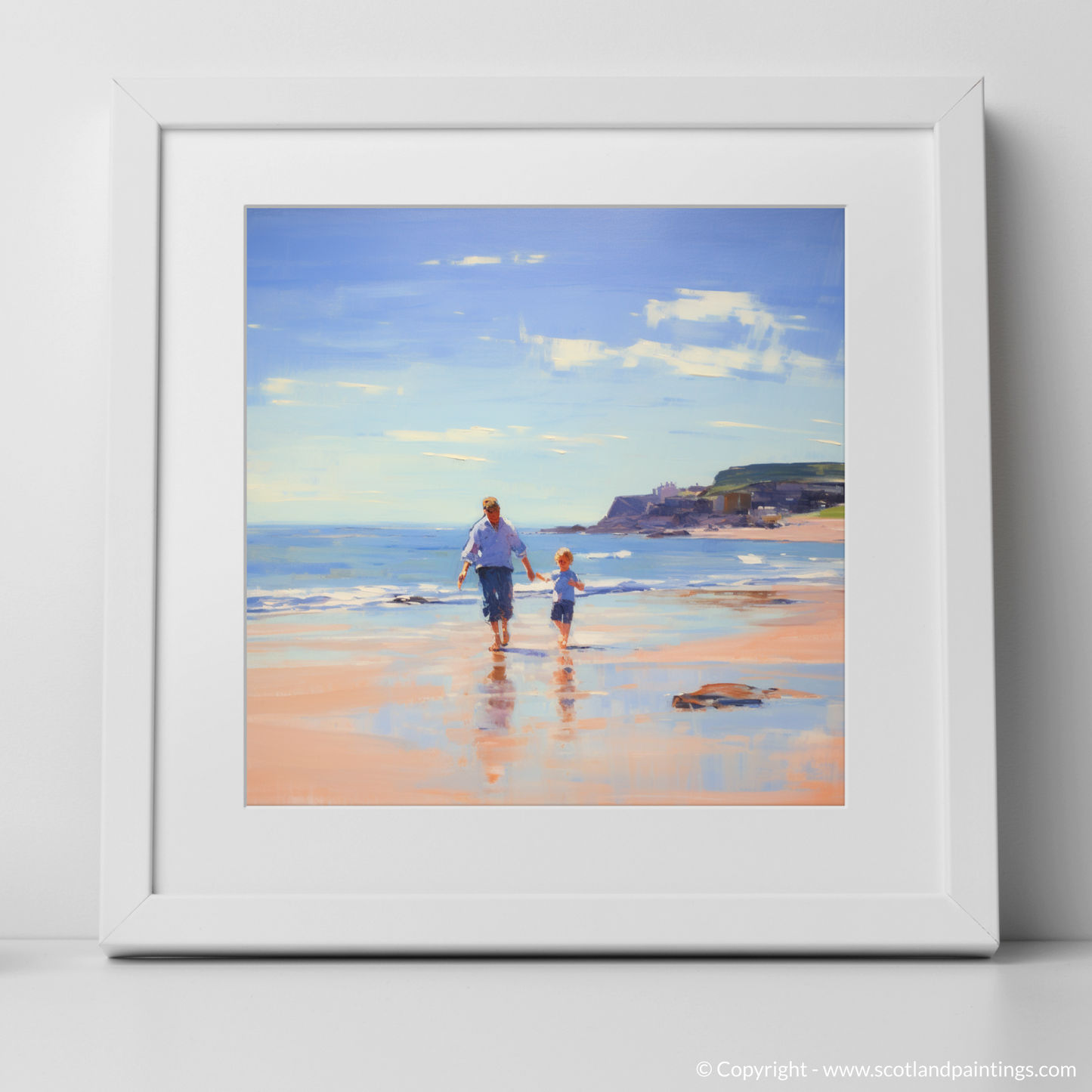 Art Print of A dad and son walking on Coldingham Bay with a white frame