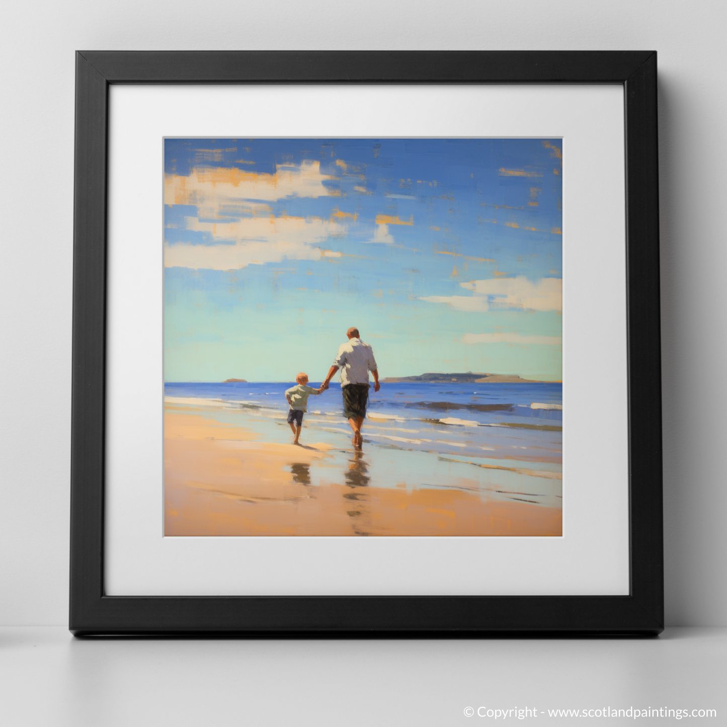 Art Print of A dad and son walking on Coldingham Bay with a black frame