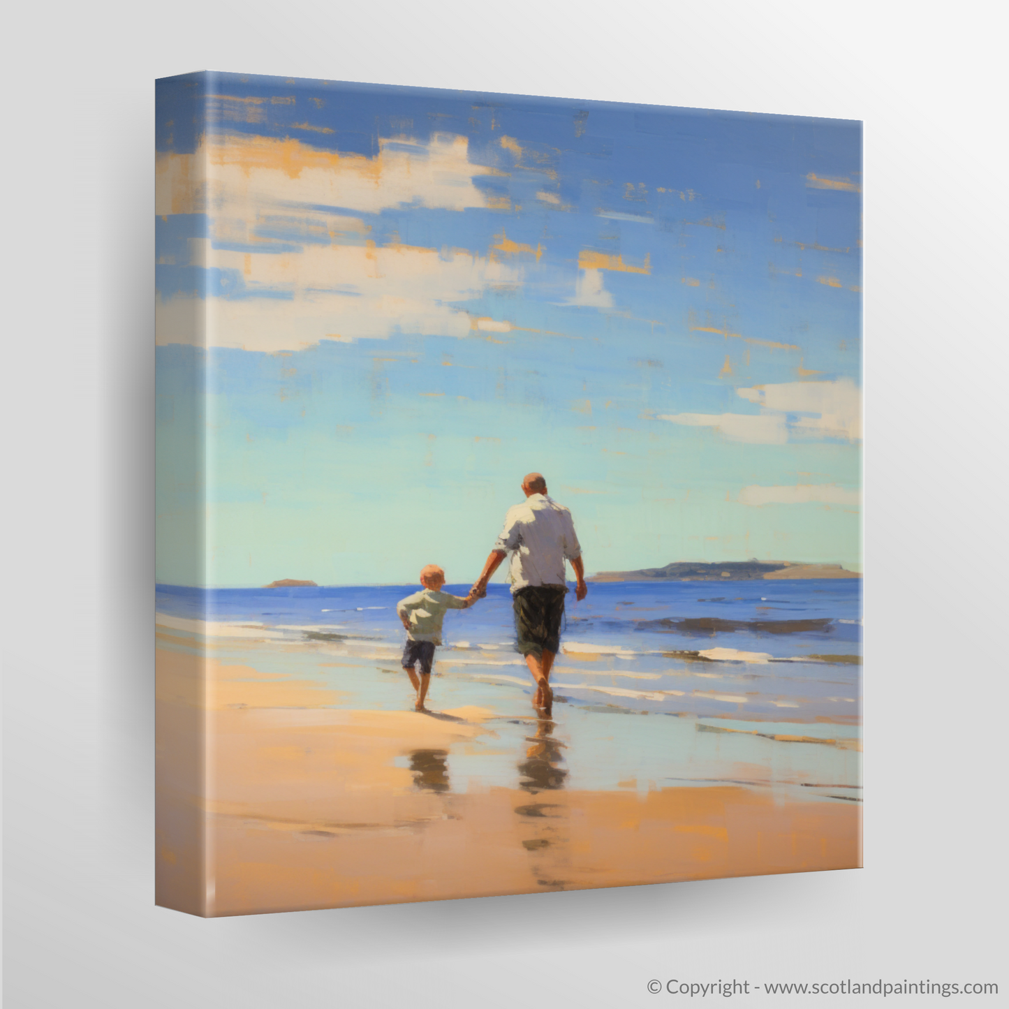 Canvas Print of A dad and son walking on Coldingham Bay