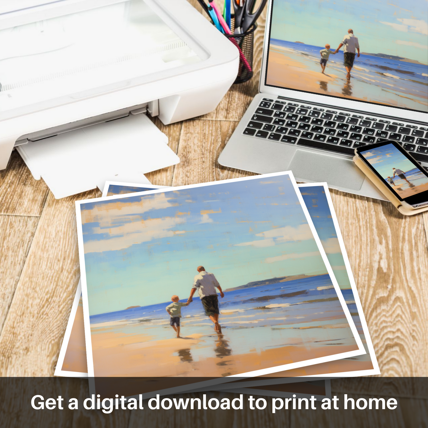 Downloadable and printable picture of A dad and son walking on Coldingham Bay