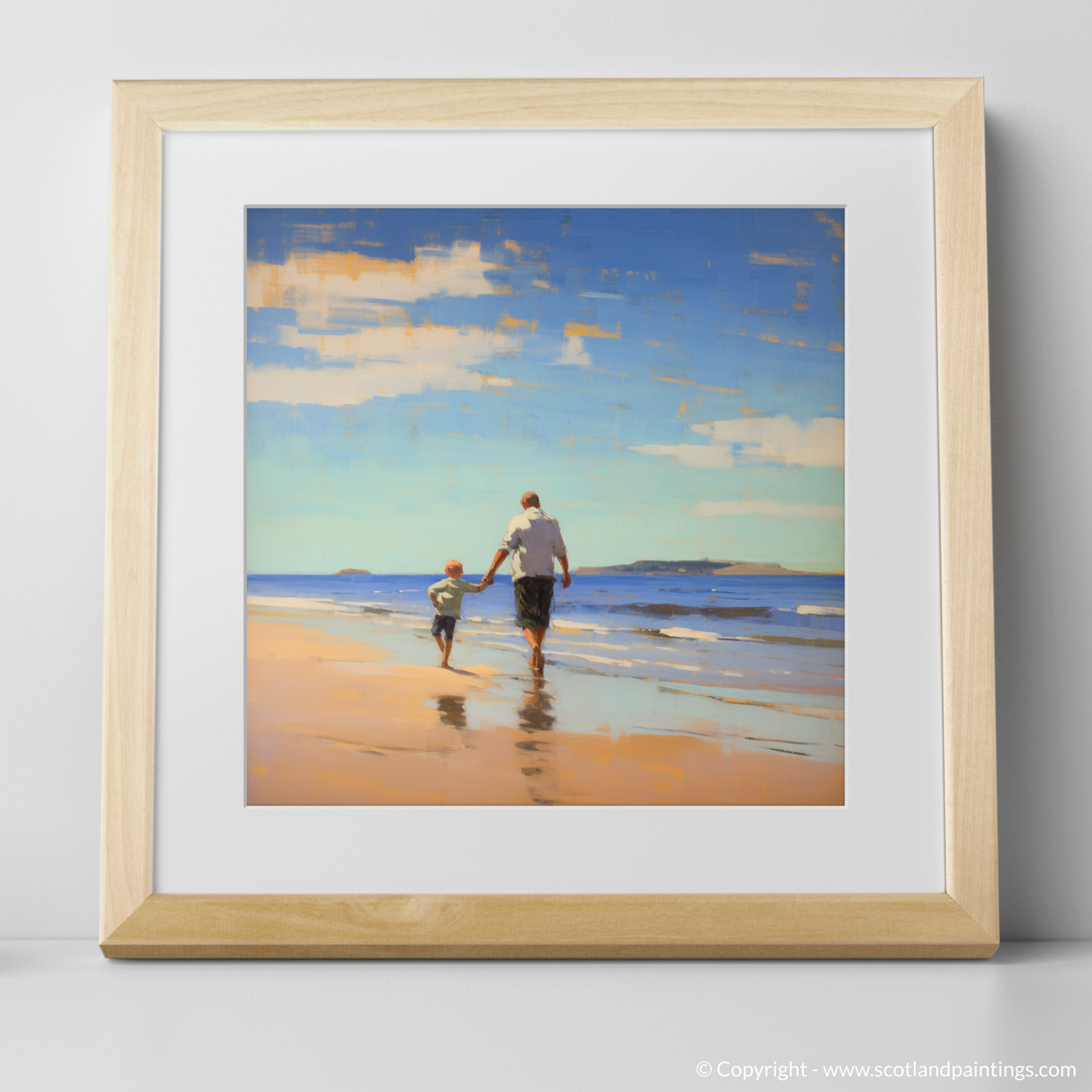 Art Print of A dad and son walking on Coldingham Bay with a natural frame