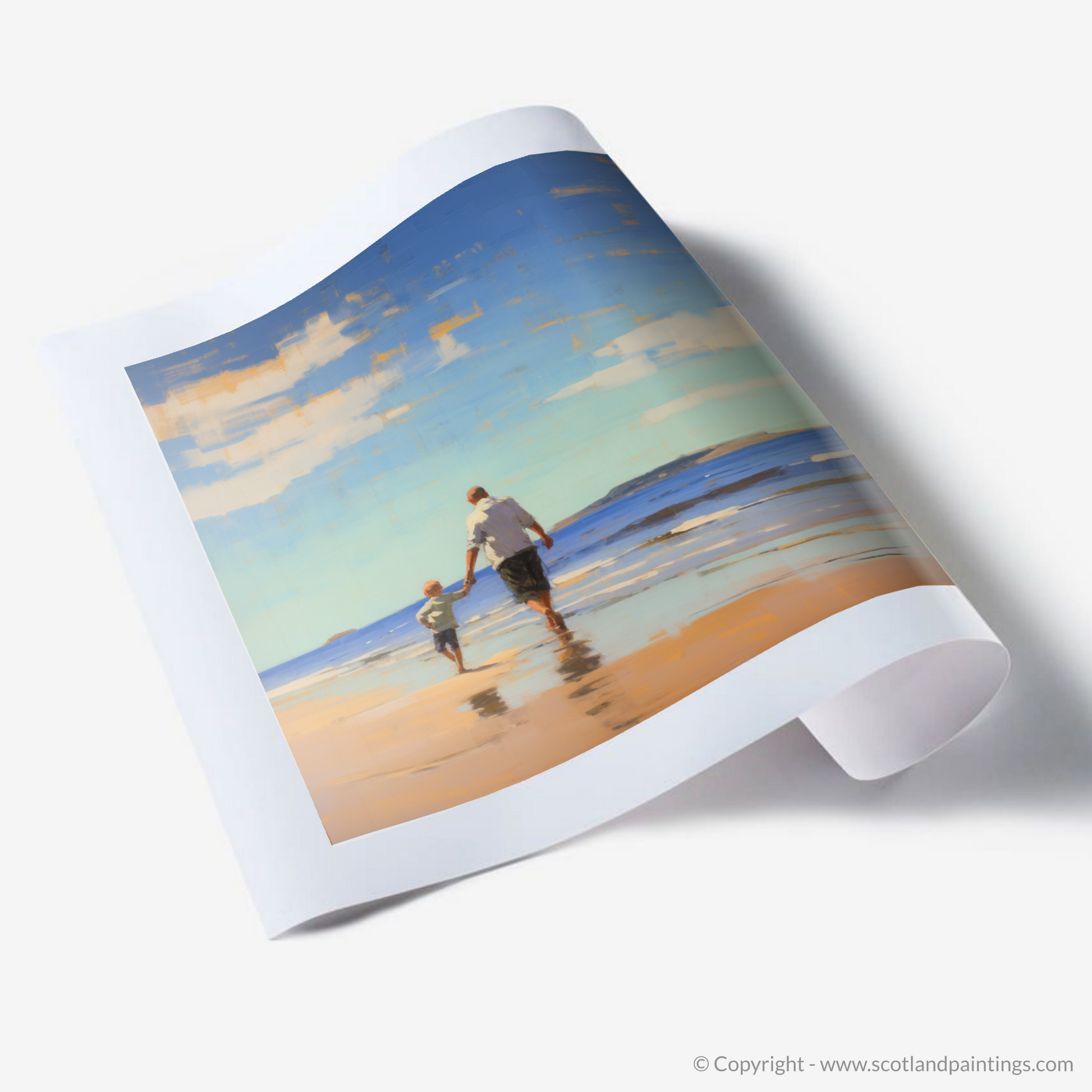 Art Print of A dad and son walking on Coldingham Bay