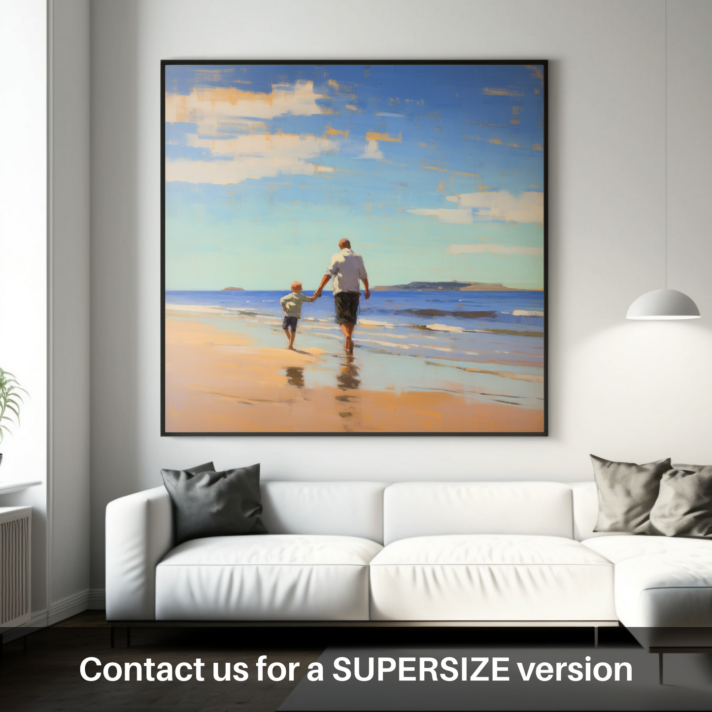 Huge supersize print of A dad and son walking on Coldingham Bay