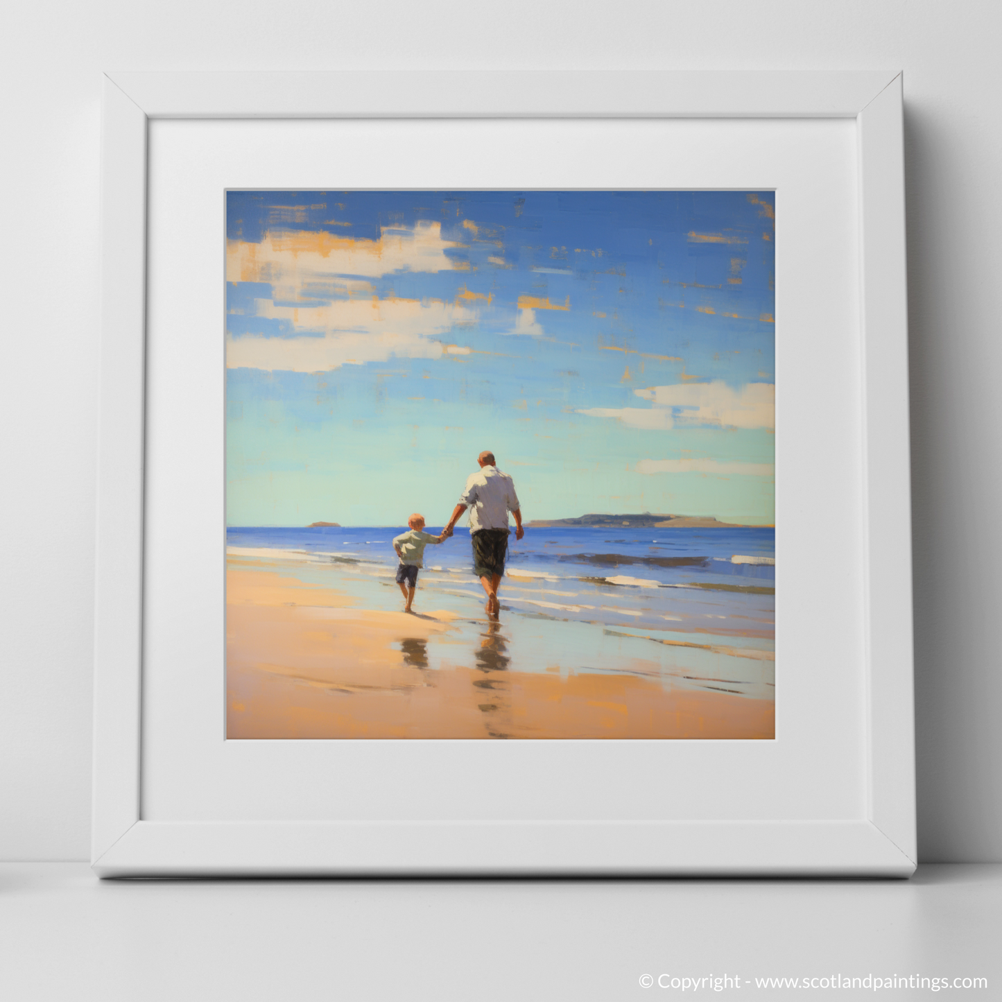 Art Print of A dad and son walking on Coldingham Bay with a white frame