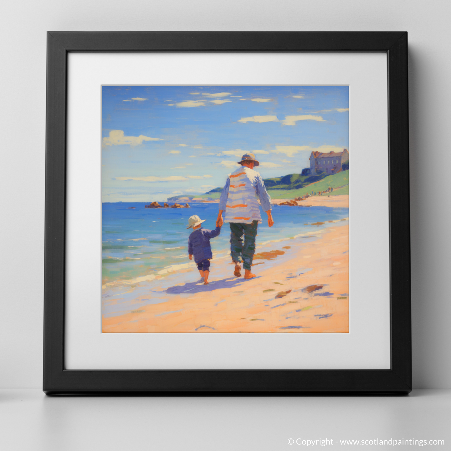 Art Print of A dad and son walking on Coldingham Bay with a black frame