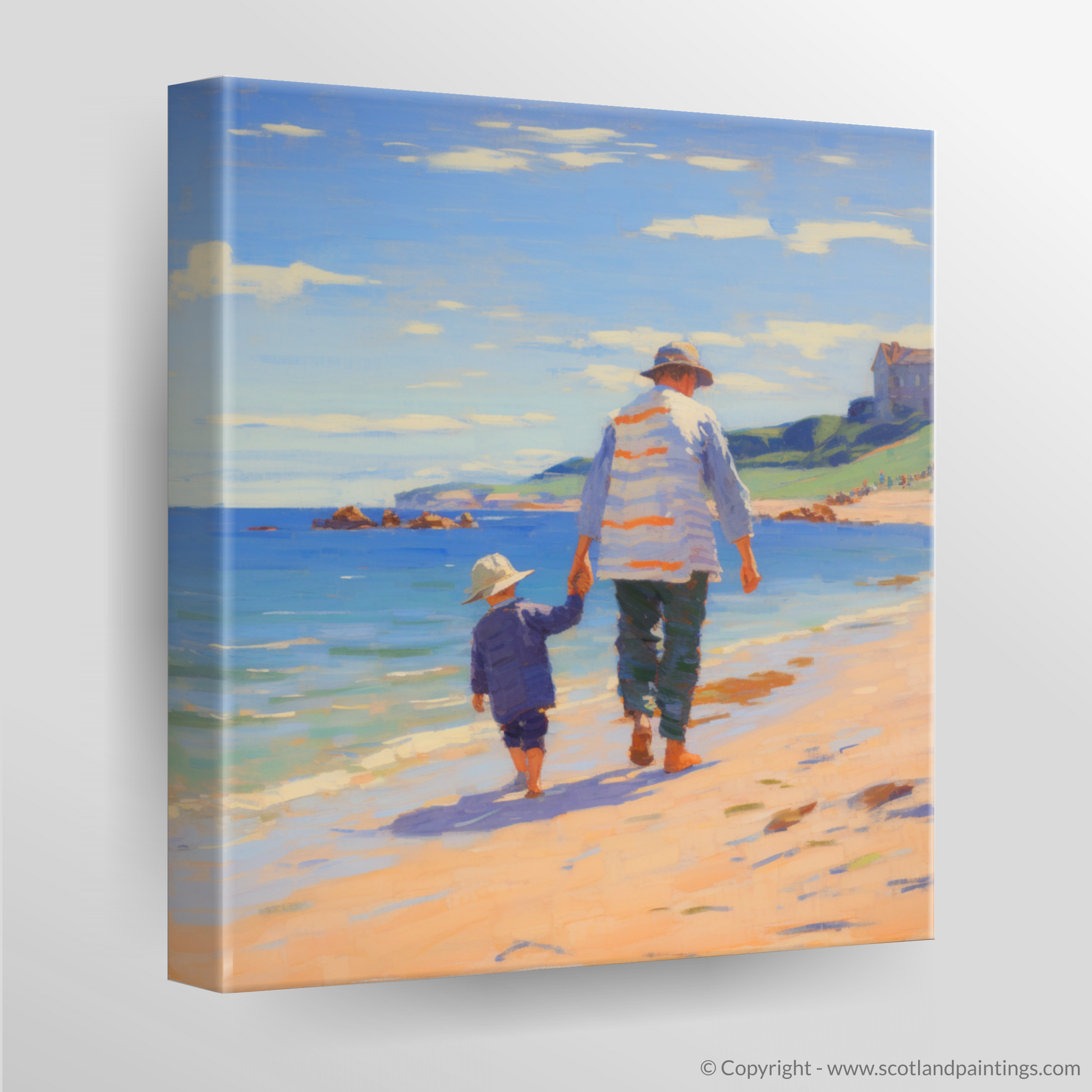 Canvas Print of A dad and son walking on Coldingham Bay