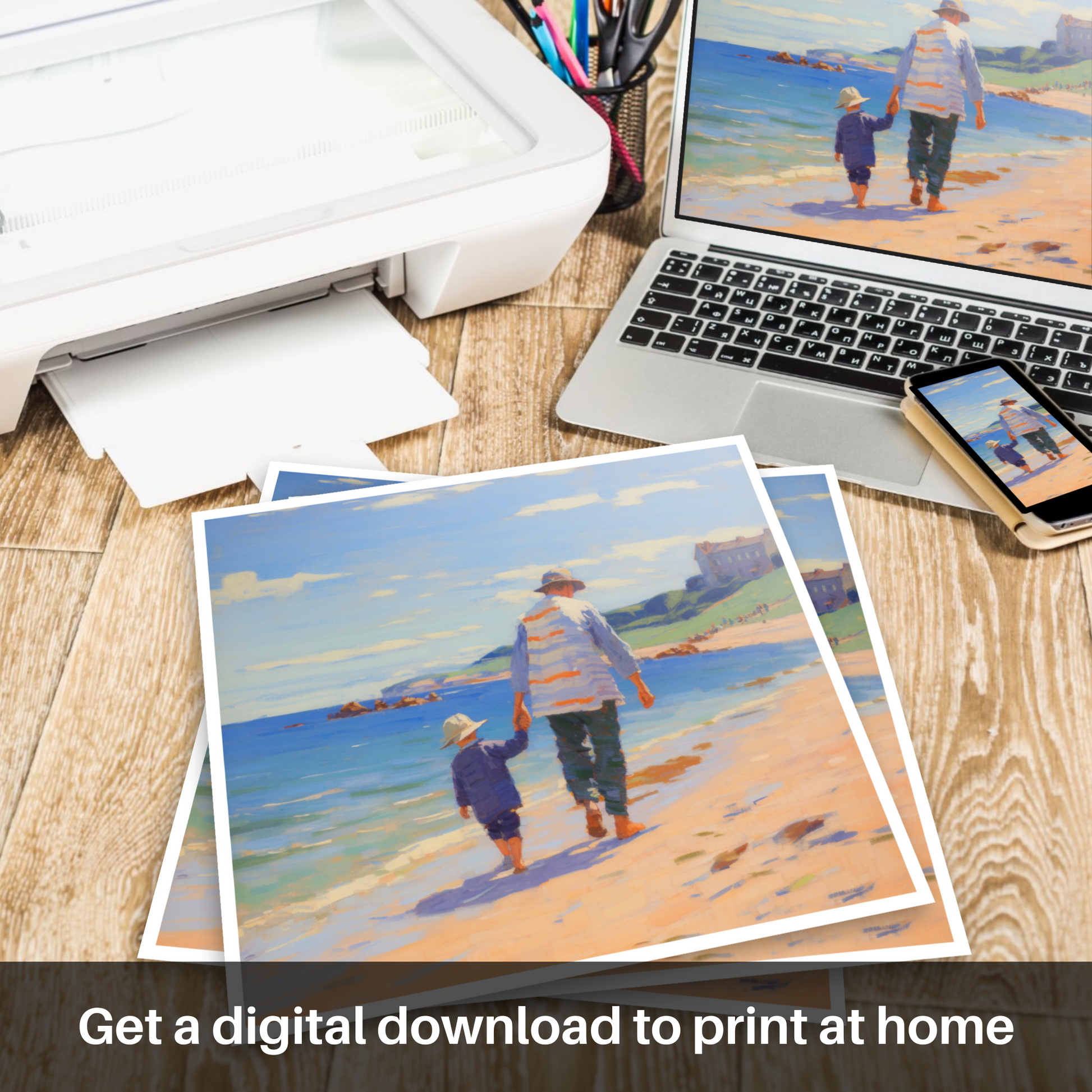 Downloadable and printable picture of A dad and son walking on Coldingham Bay