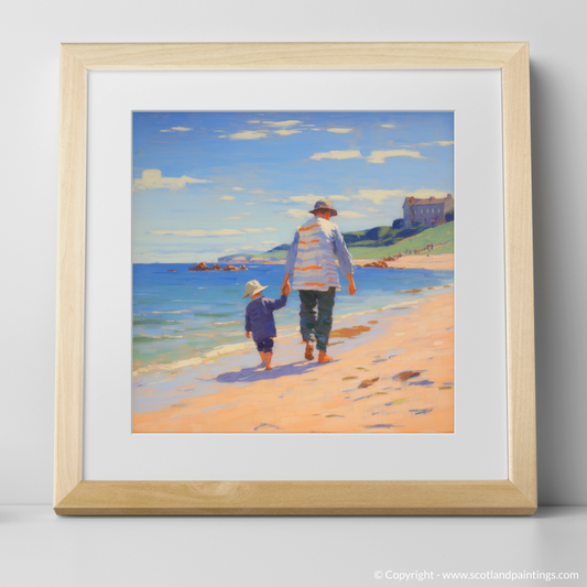 Art Print of A dad and son walking on Coldingham Bay with a natural frame