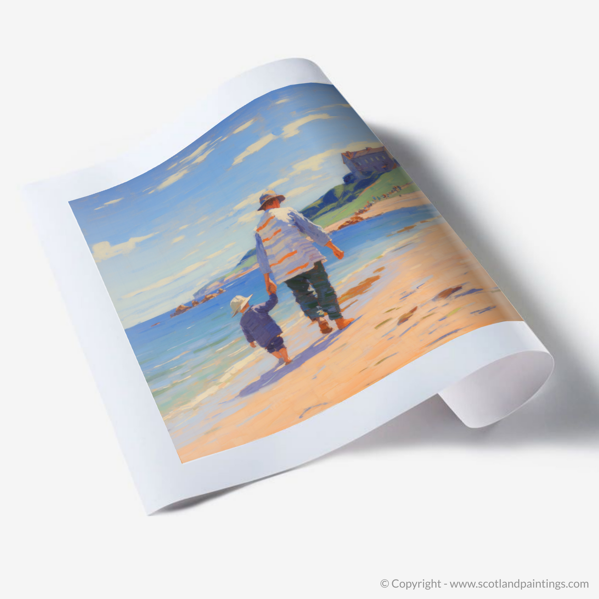 Art Print of A dad and son walking on Coldingham Bay