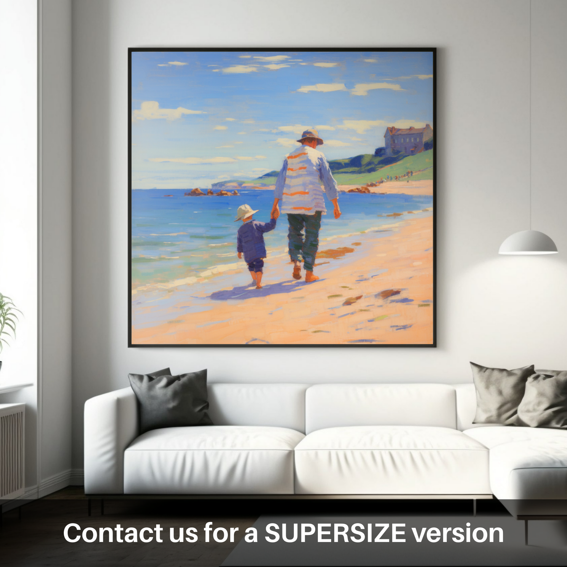 Huge supersize print of A dad and son walking on Coldingham Bay