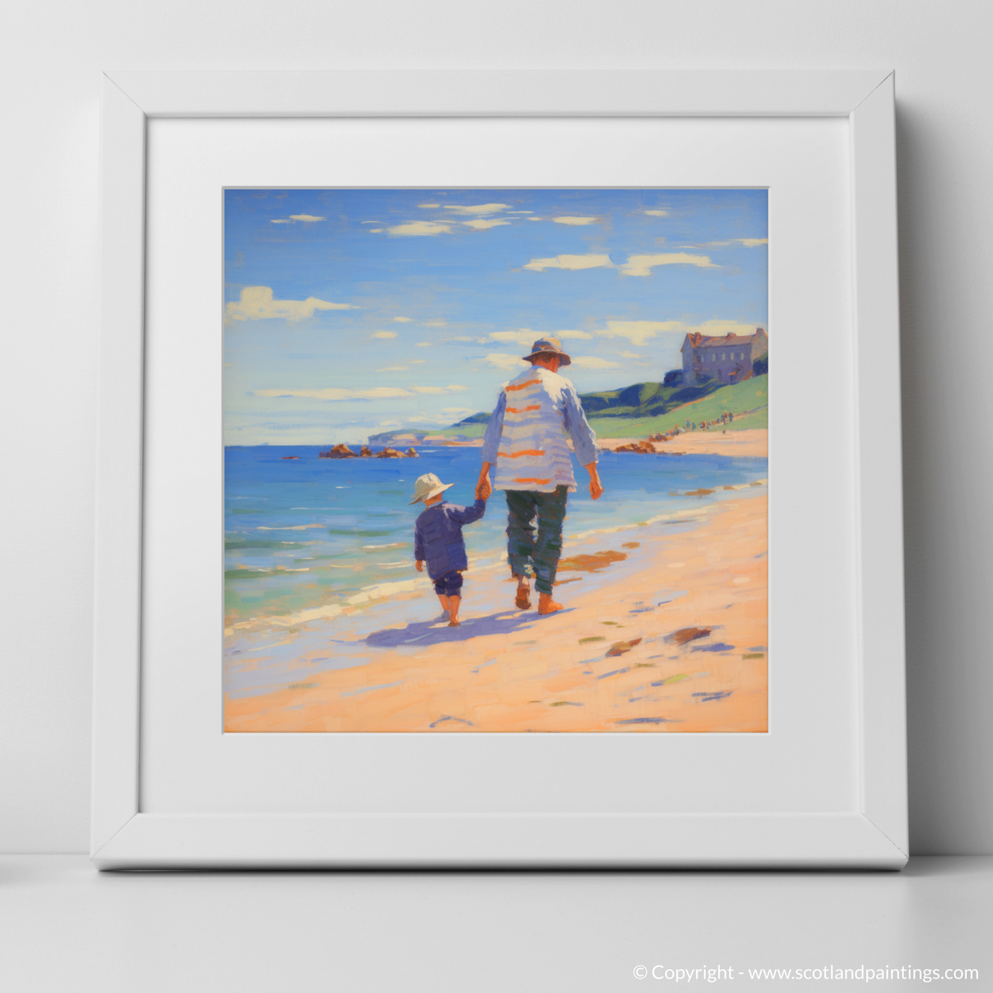 Art Print of A dad and son walking on Coldingham Bay with a white frame